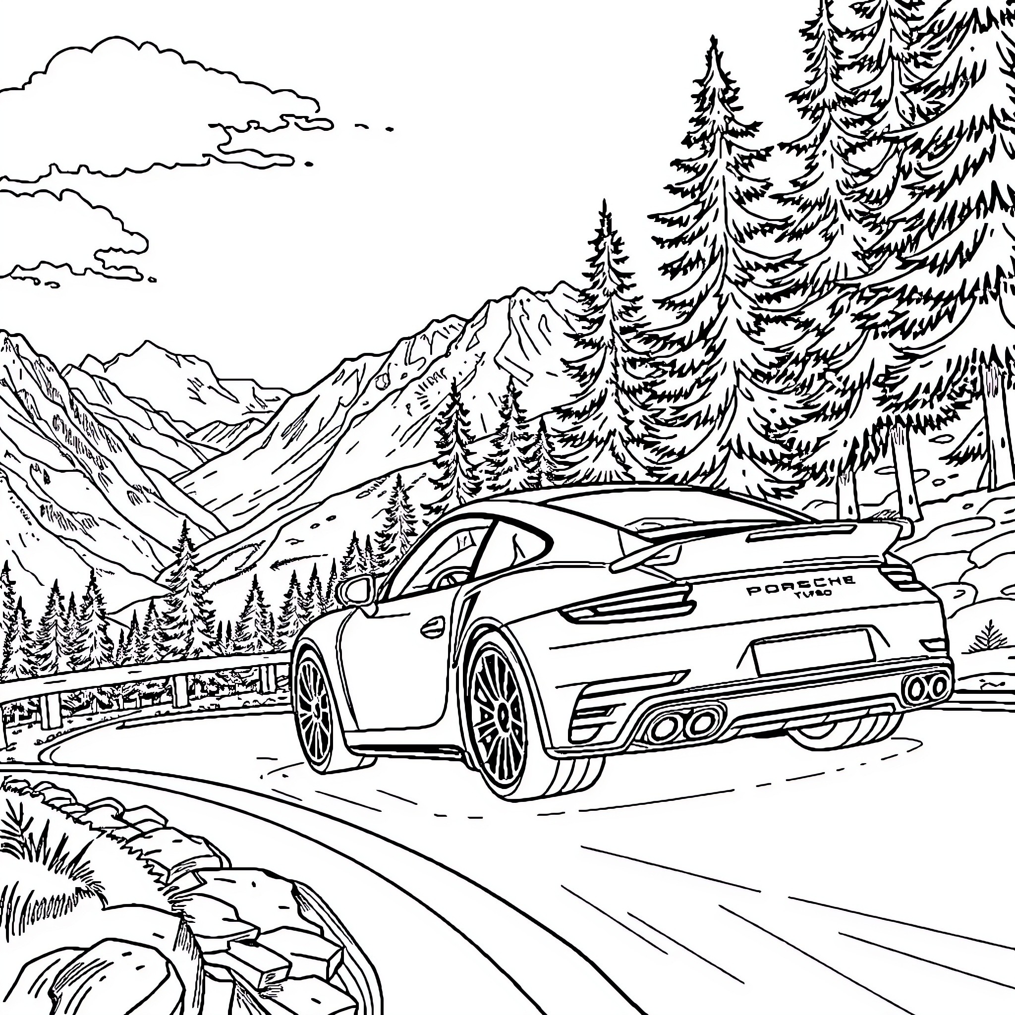Porsche 911 speeding through scenic mountain landscape Coloring Page (free black-and-white line drawing printable PDF for all, from beginners to advanced learners, including children, teens, adults, and seniors)