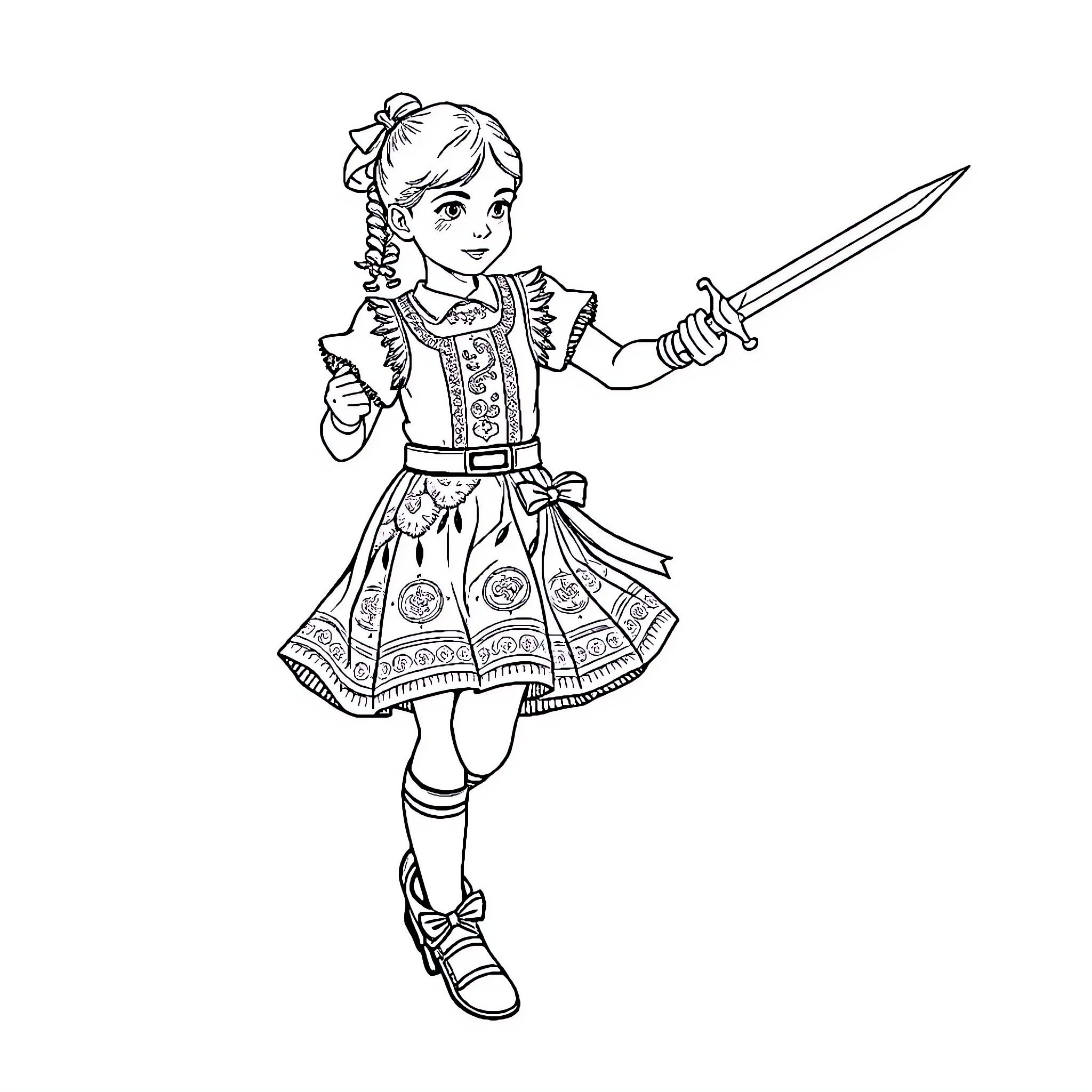 Dancer in traditional folk costume wielding sword Coloring Page (free black-and-white line drawing printable PDF for all, from beginners to advanced learners, including children, teens, adults, and seniors)