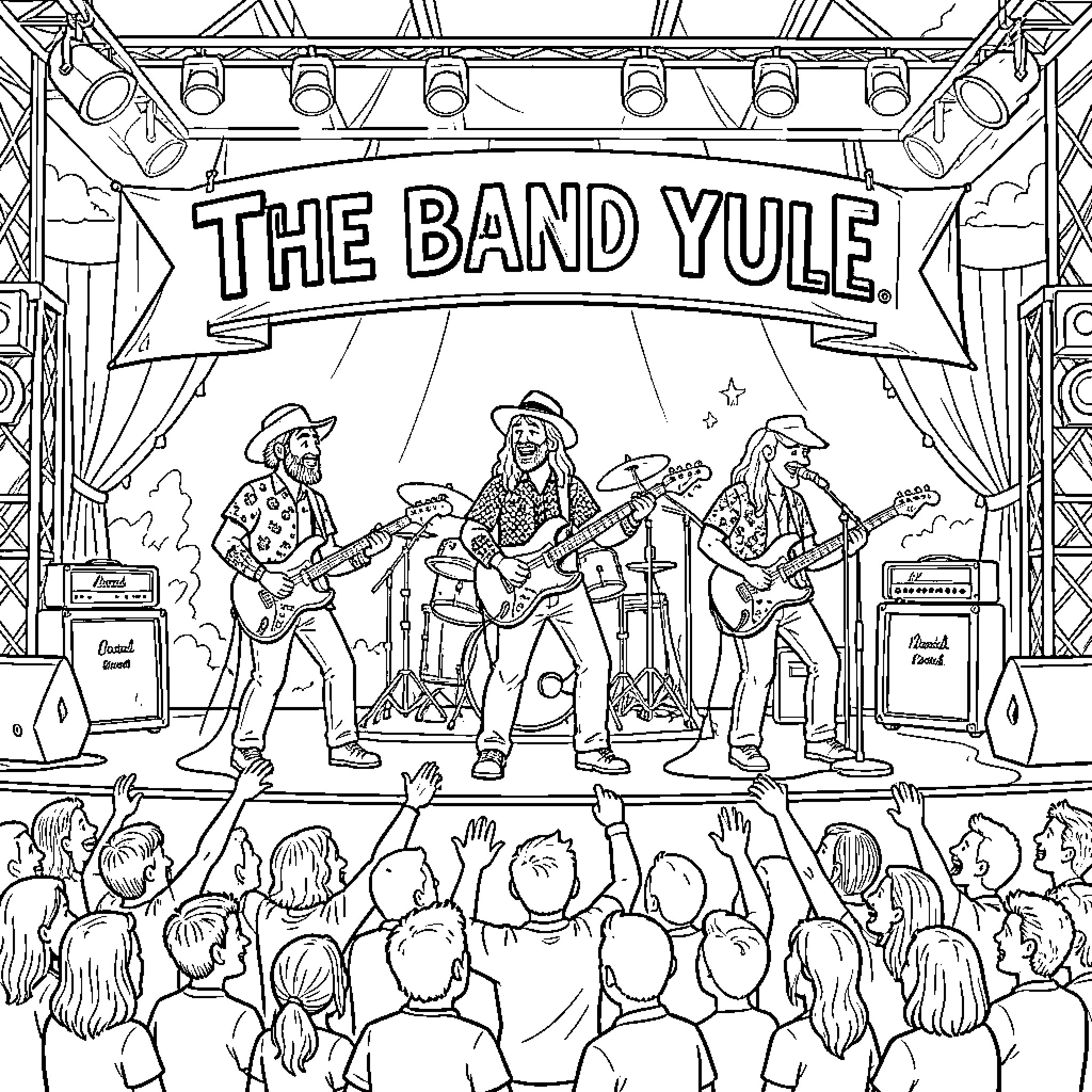 Band performing music on stage for a cheering crowd Coloring Page (free black-and-white line drawing printable PDF for all, from beginners to advanced learners, including children, teens, adults, and seniors)