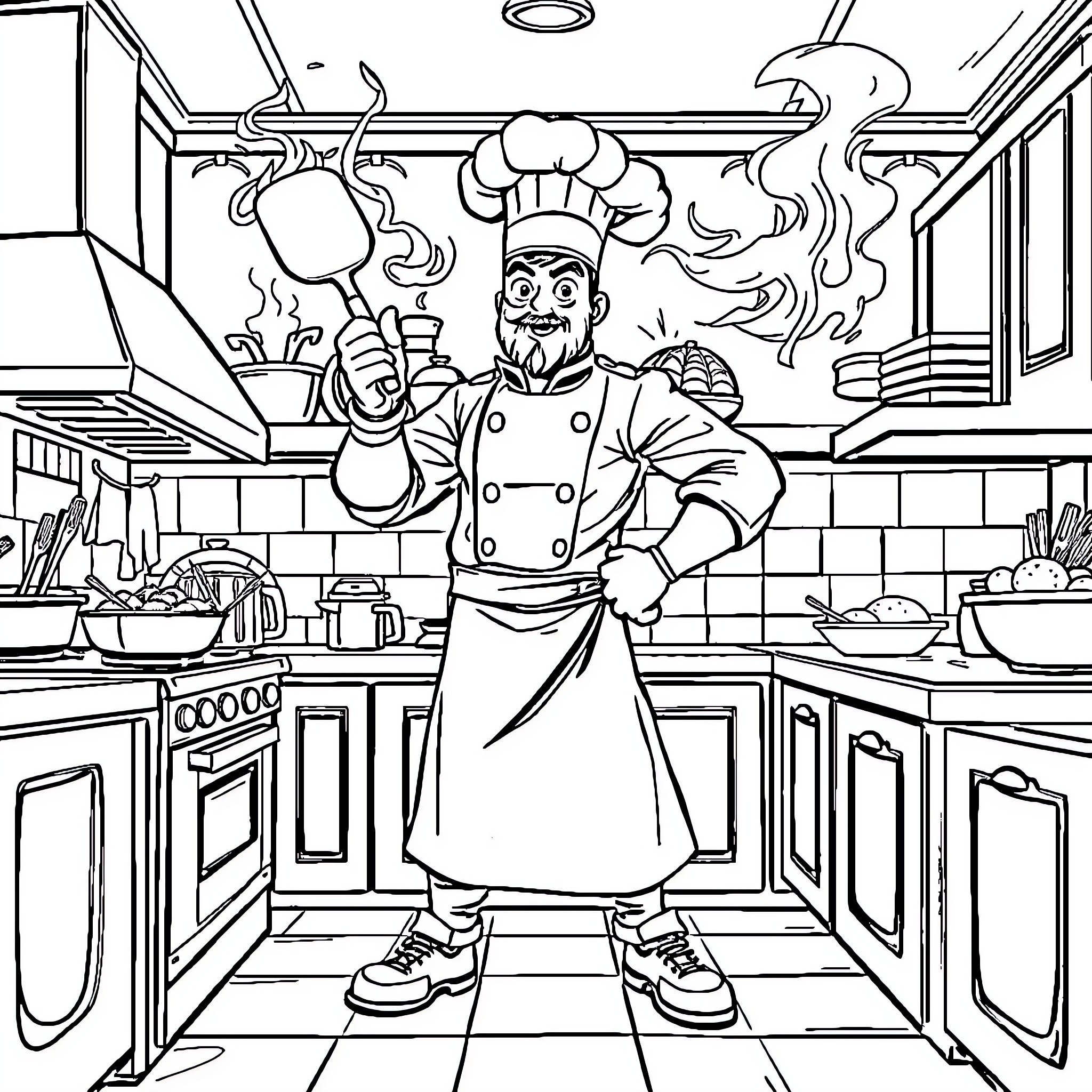 Chef Cooking Enthusiastically in the Kitchen Coloring Page (free black-and-white line drawing printable PDF for all, from beginners to advanced learners, including children, teens, adults, and seniors)
