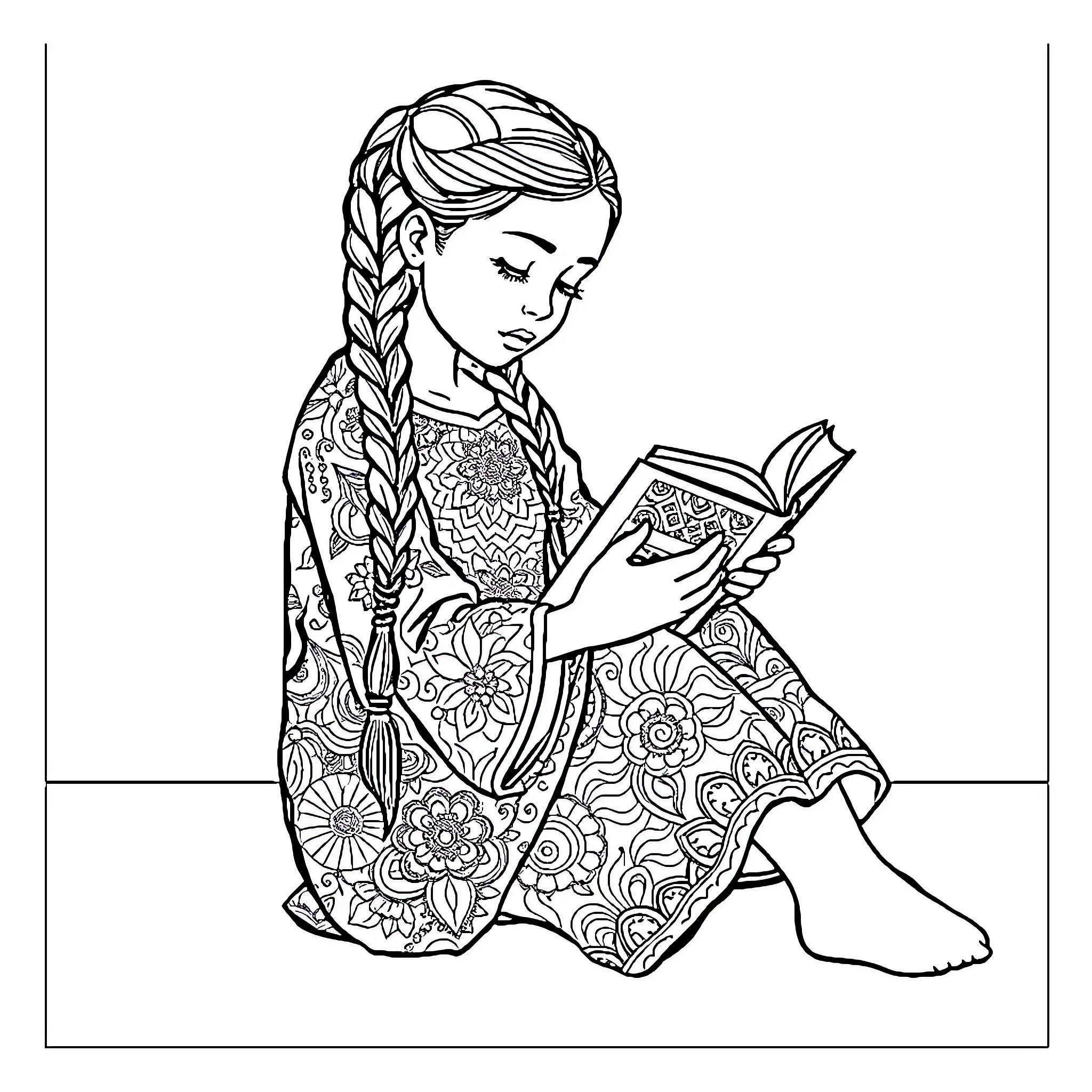 Girl reading a book with intricate pattern designs Coloring Page (free black-and-white line drawing printable PDF for all, from beginners to advanced learners, including children, teens, adults, and seniors)