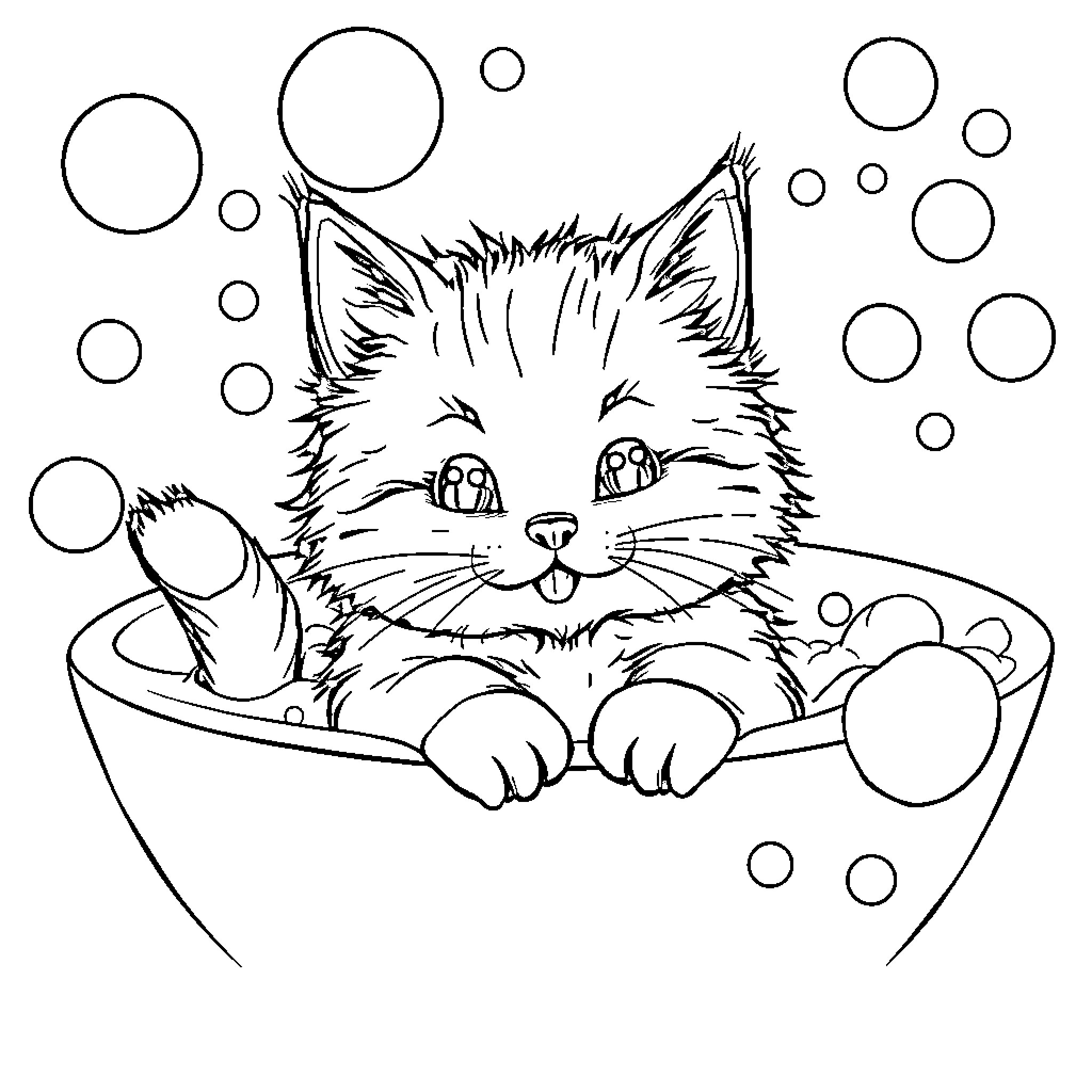 Cat playing in a bubble bath Coloring Page (free black-and-white line drawing printable PDF for all, from beginners to advanced learners, including children, teens, adults, and seniors)