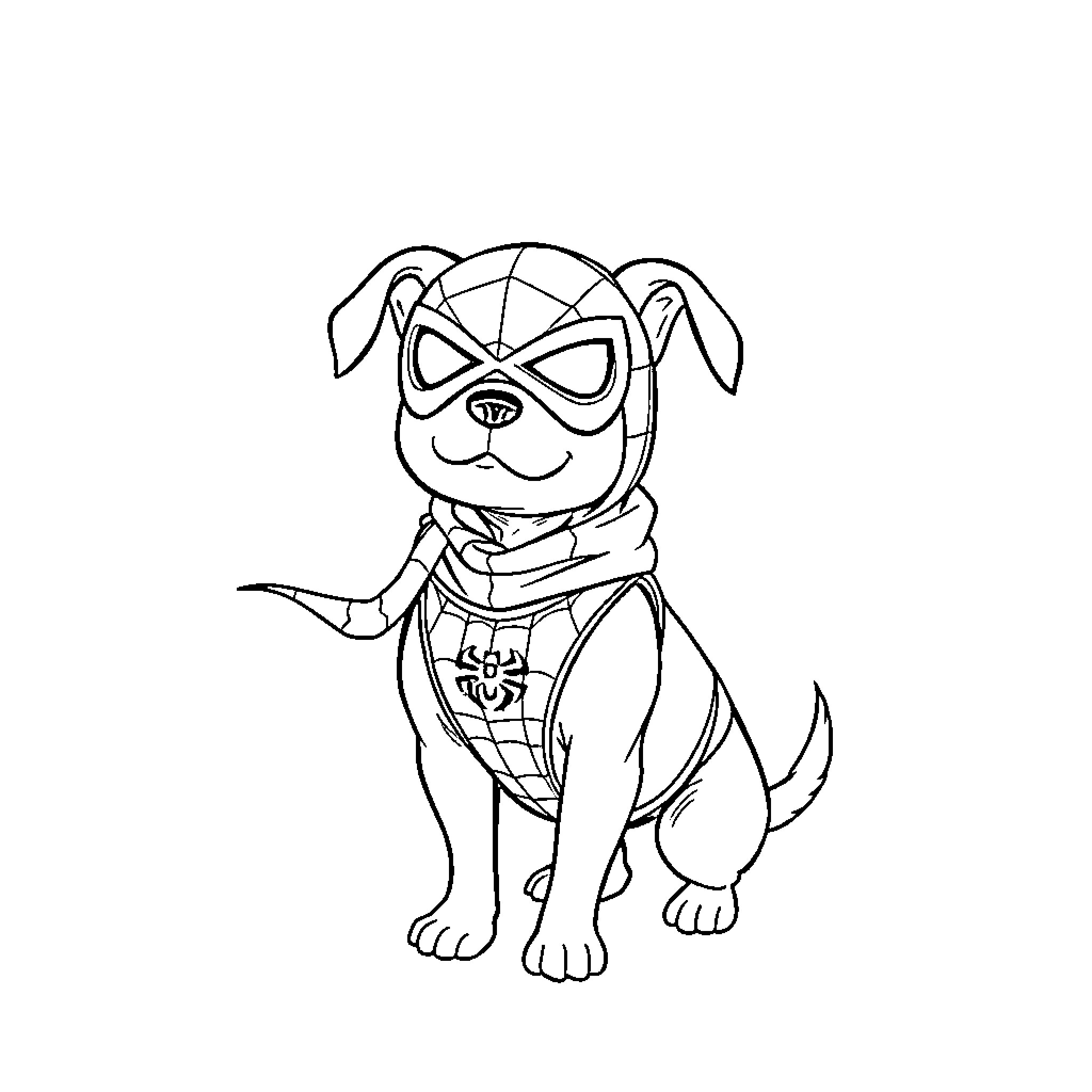 Spiderman Dog dressed in superhero costume Coloring Page (free black-and-white line drawing printable PDF for all, from beginners to advanced learners, including children, teens, adults, and seniors)