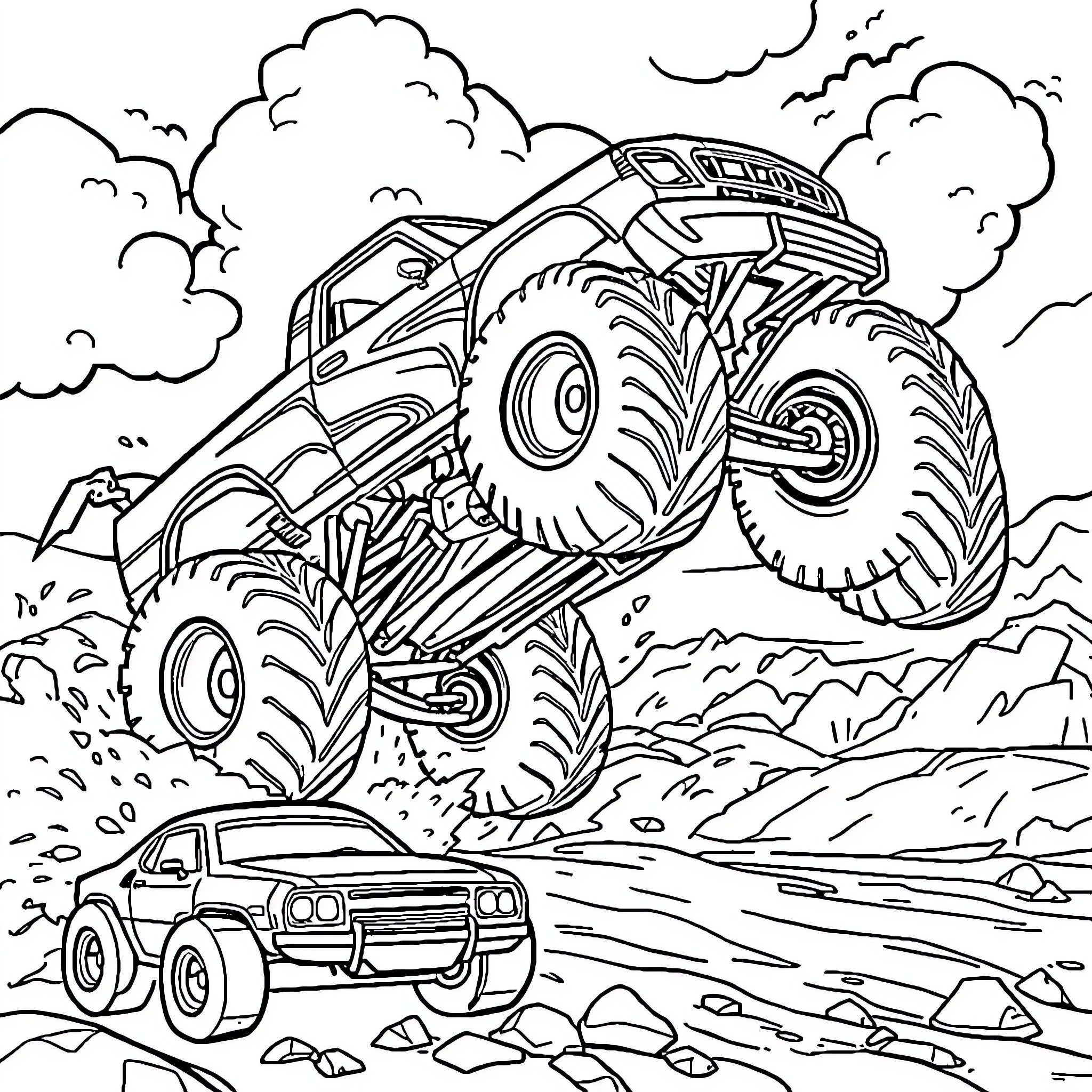 Monster Truck Crushing Cars on the Rugged Terrain Coloring Page (free black-and-white line drawing printable PDF for all, from beginners to advanced learners, including children, teens, adults, and seniors)