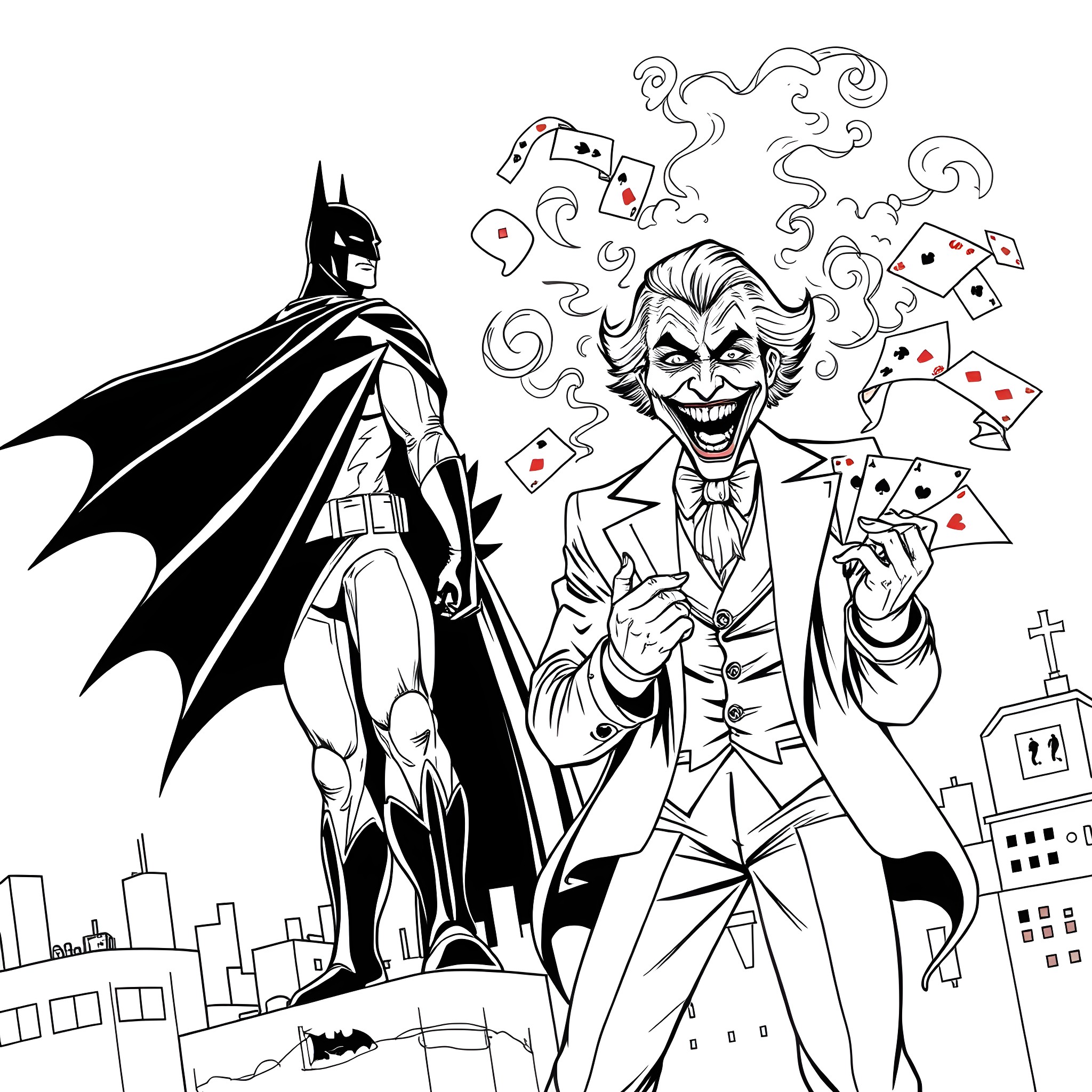 Batman confronting the Joker in the city Coloring Page (free black-and-white line drawing printable PDF for all, from beginners to advanced learners, including children, teens, adults, and seniors)