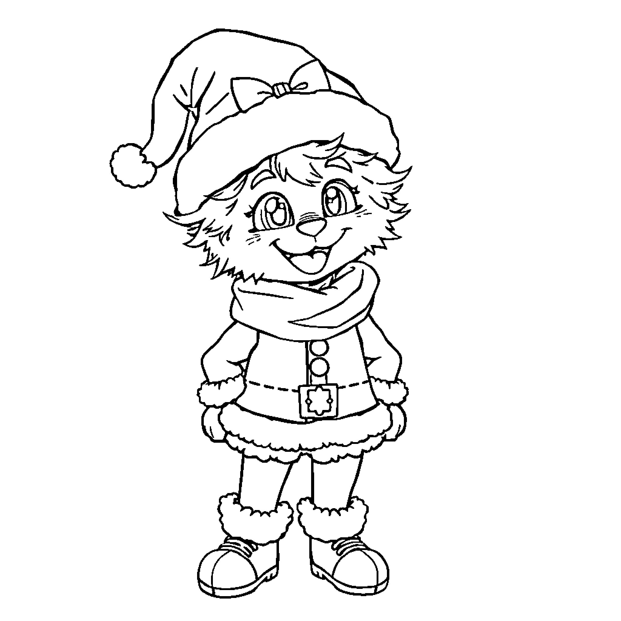 Killua as a cheerful Christmas elf Coloring Page (free black-and-white line drawing printable PDF for all, from beginners to advanced learners, including children, teens, adults, and seniors)