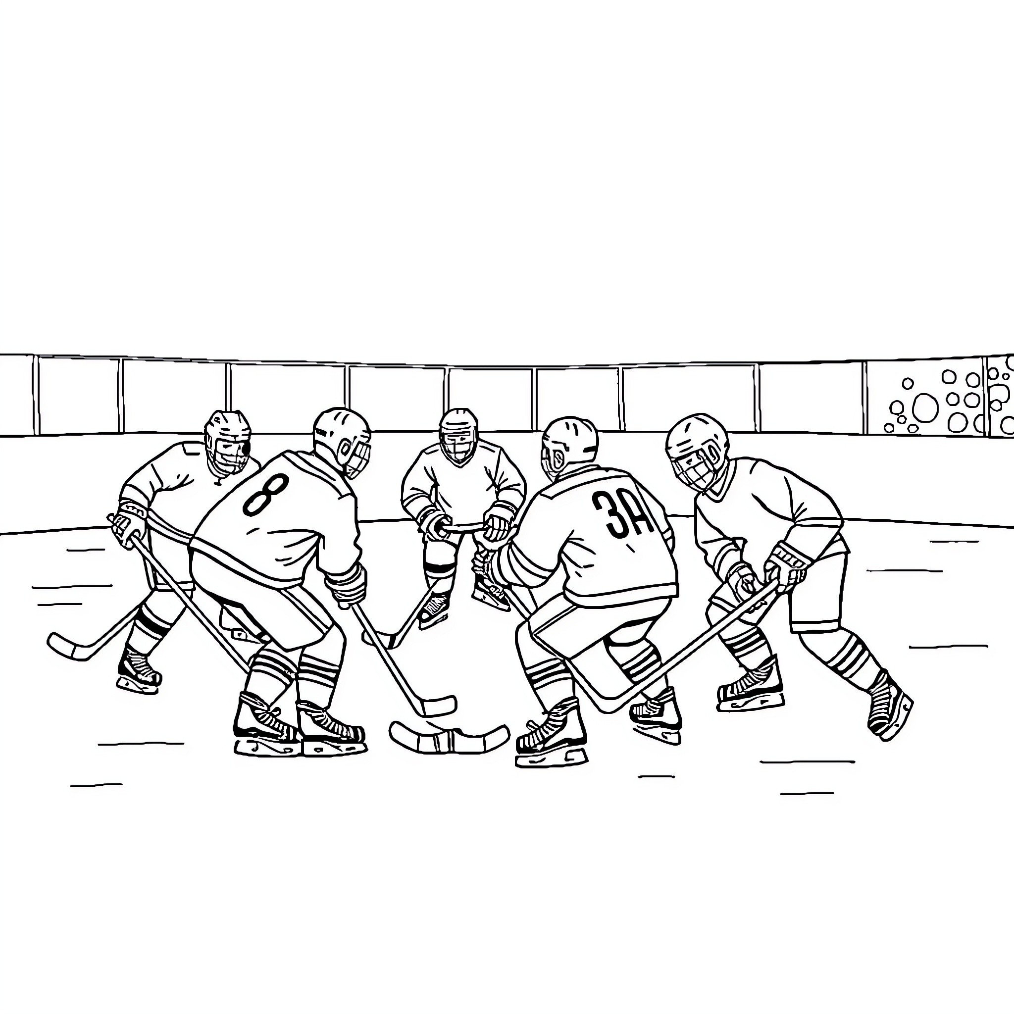 Hockey players in action on the ice rink Coloring Page (free black-and-white line drawing printable PDF for all, from beginners to advanced learners, including children, teens, adults, and seniors)