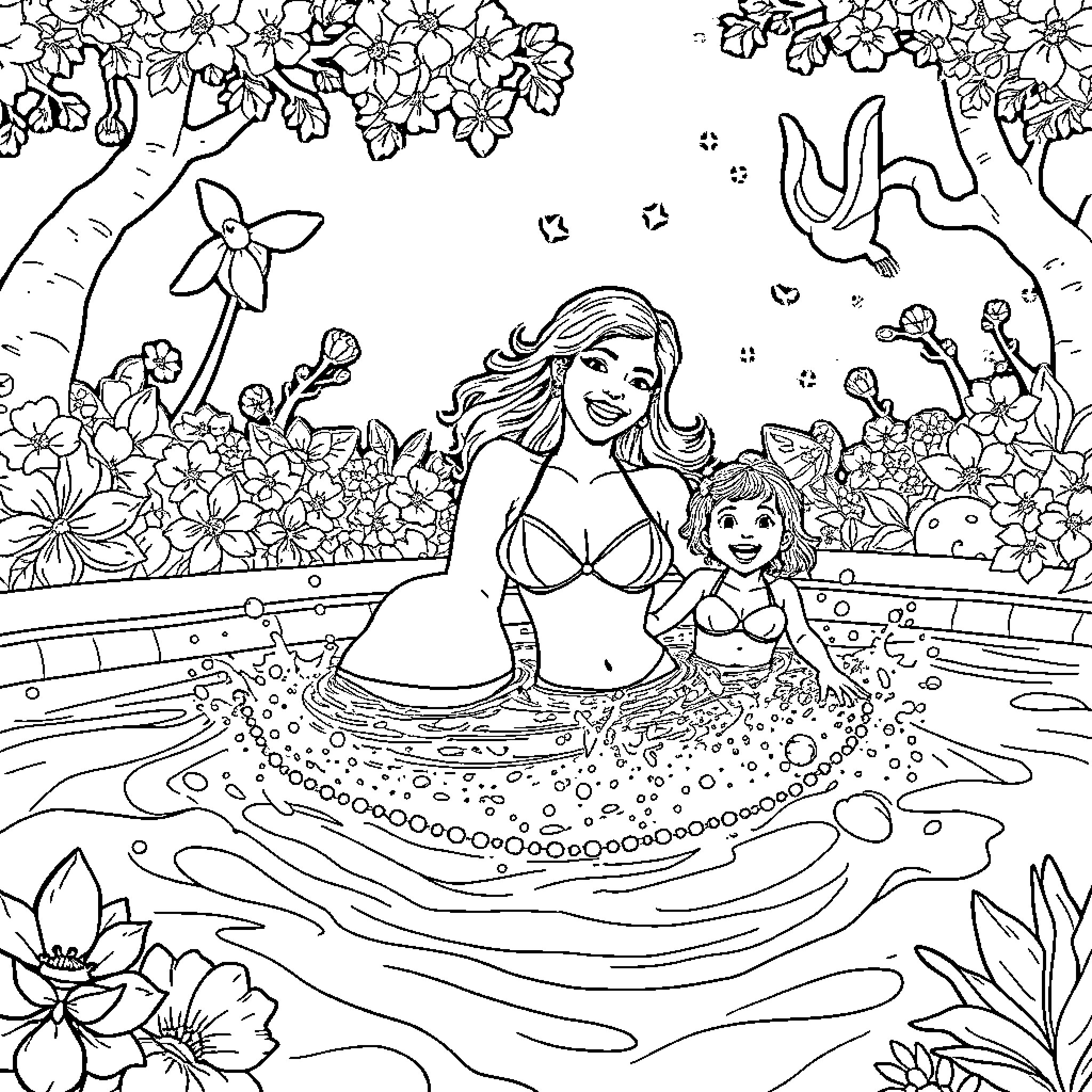 Mother and Daughter Relaxing in a Floral Pond Coloring Page (free black-and-white line drawing printable PDF for all, from beginners to advanced learners, including children, teens, adults, and seniors)