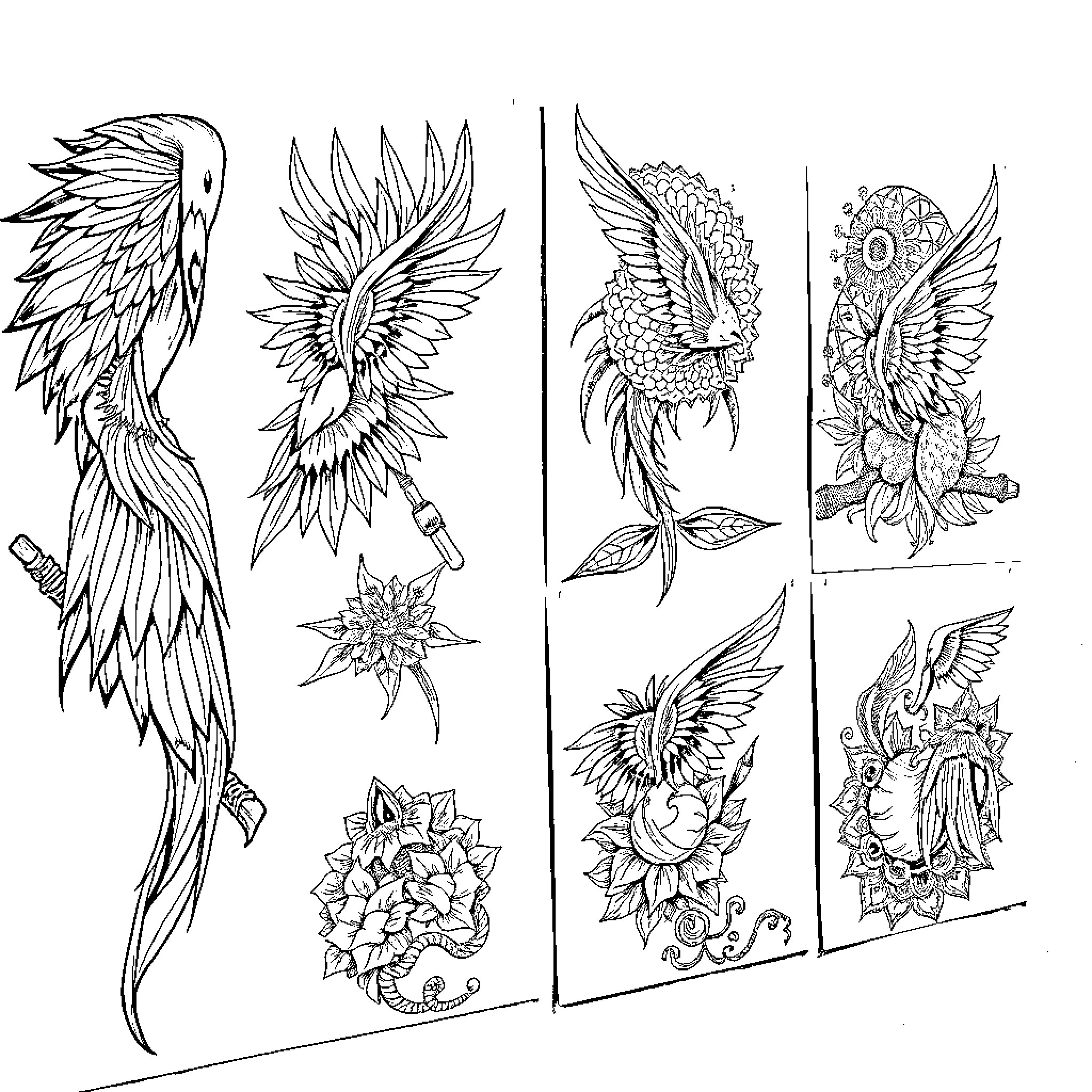 Tattoo Designs with Intricate Bird and Floral Elements Coloring Page (free black-and-white line drawing printable PDF for all, from beginners to advanced learners, including children, teens, adults, and seniors)