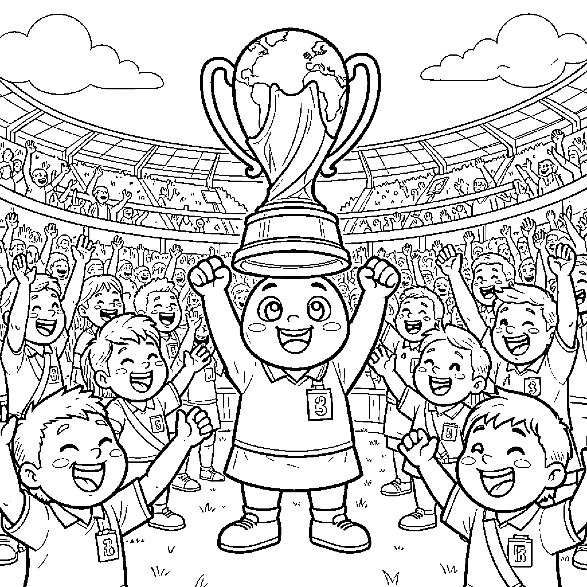 Tchoupi celebrating a victory with a large trophy Coloring Page (free black-and-white line drawing printable PDF for all, from beginners to advanced learners, including children, teens, adults, and seniors)