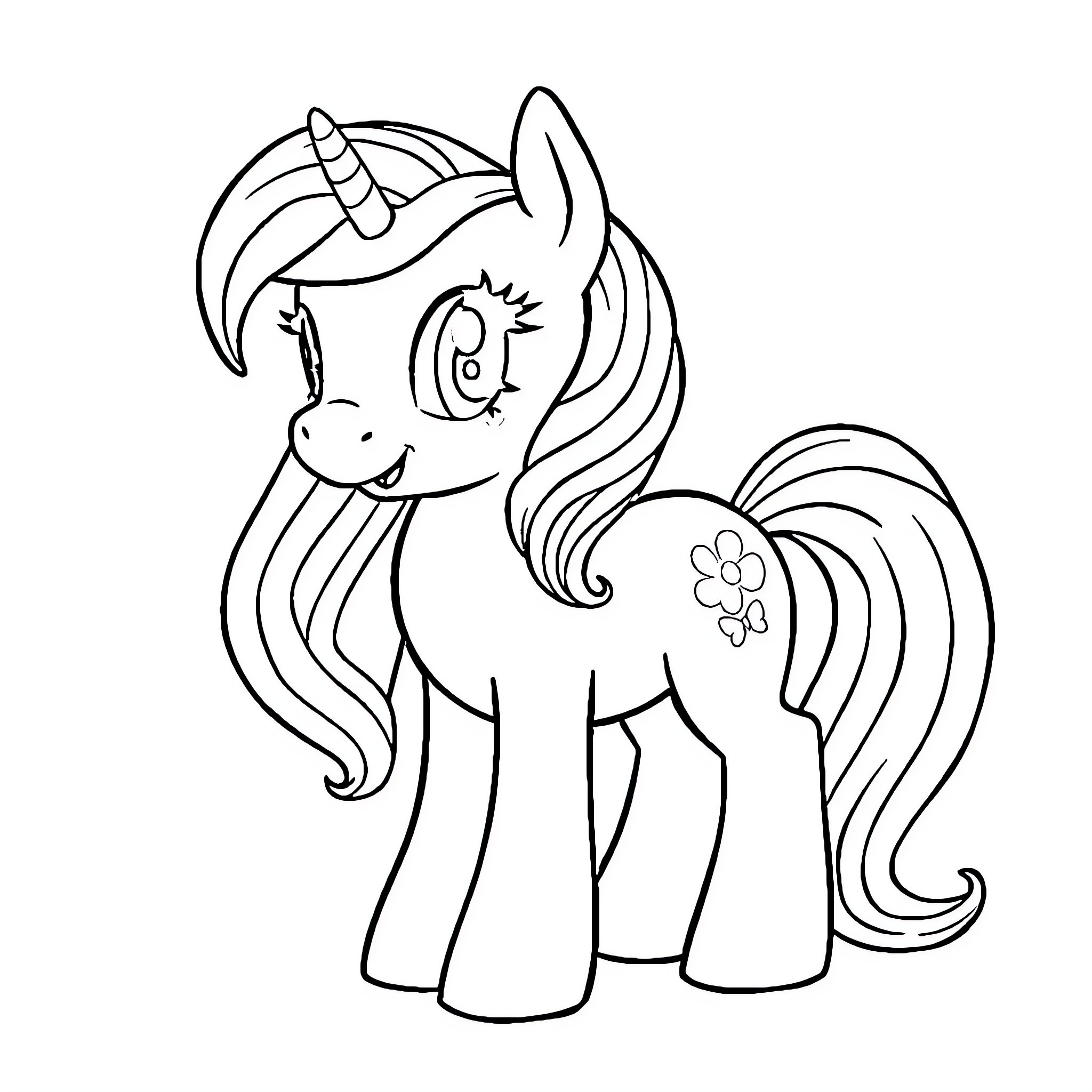 My Little Pony with Unicorn Horn and Flowers Coloring Page (free black-and-white line drawing printable PDF for all, from beginners to advanced learners, including children, teens, adults, and seniors)