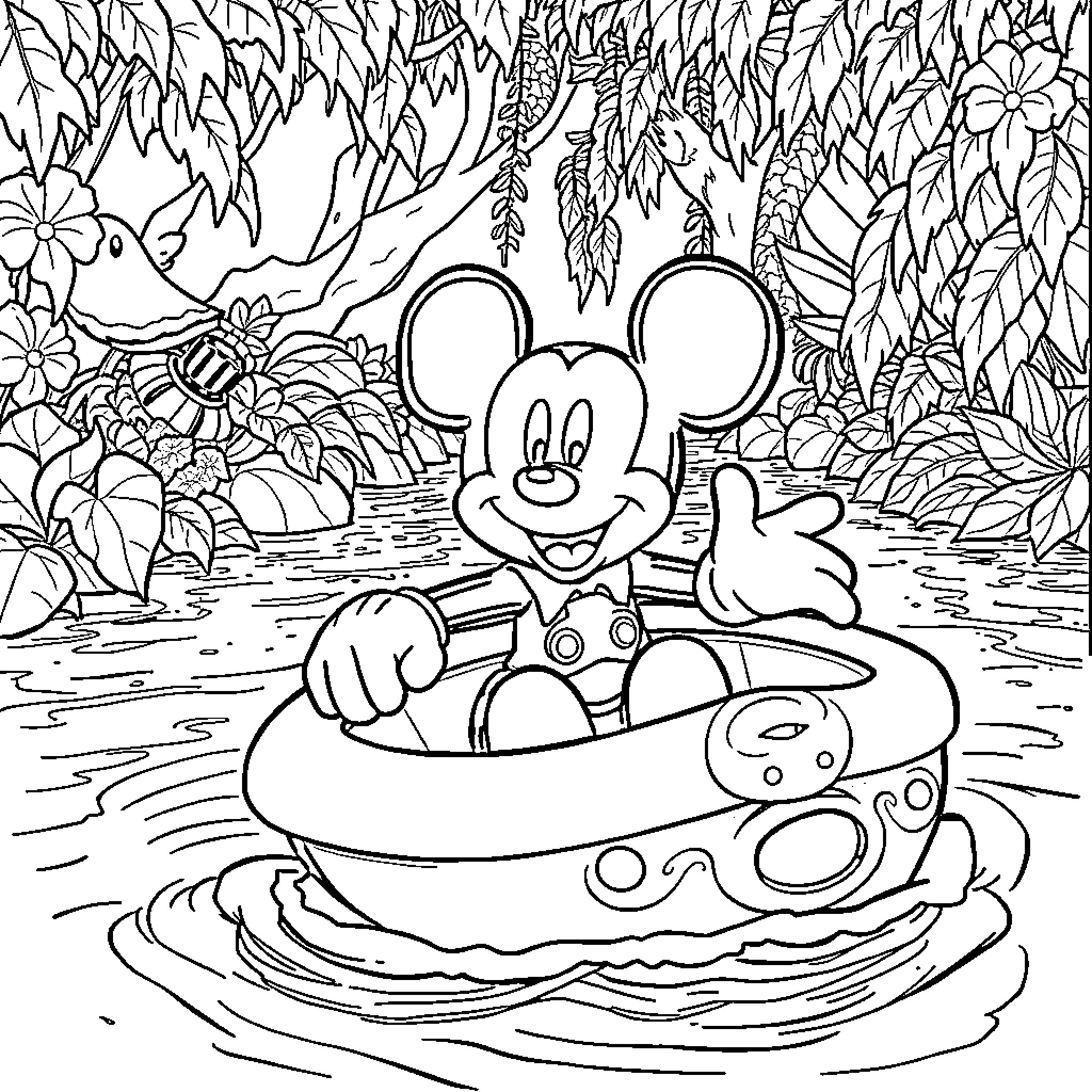 Mickey Mouse Boating Adventure in the Jungle Coloring Page (free black-and-white line drawing printable PDF for all, from beginners to advanced learners, including children, teens, adults, and seniors)