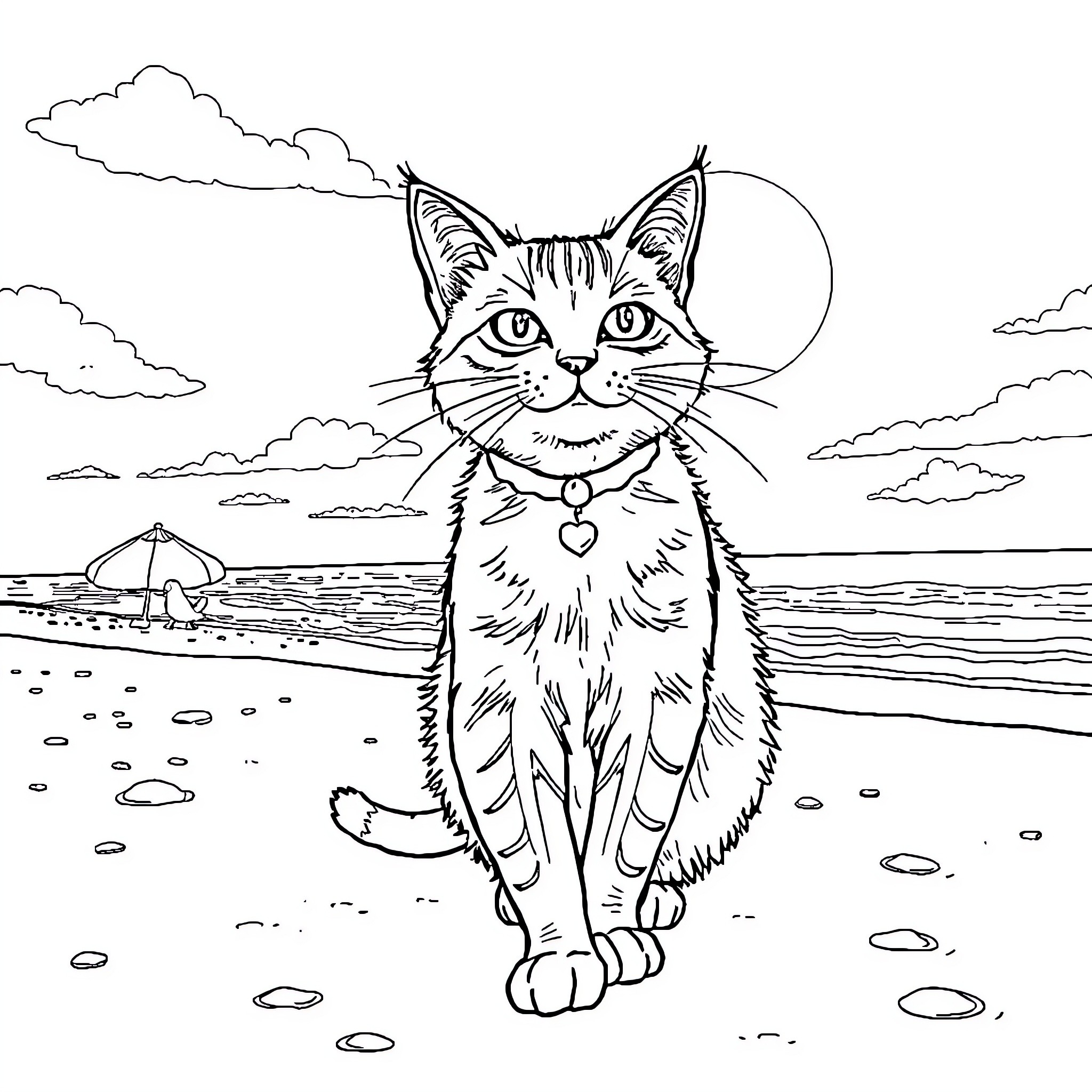 Marie's Peaceful Seaside Stroll Coloring Page (free black-and-white line drawing printable PDF for all, from beginners to advanced learners, including children, teens, adults, and seniors)