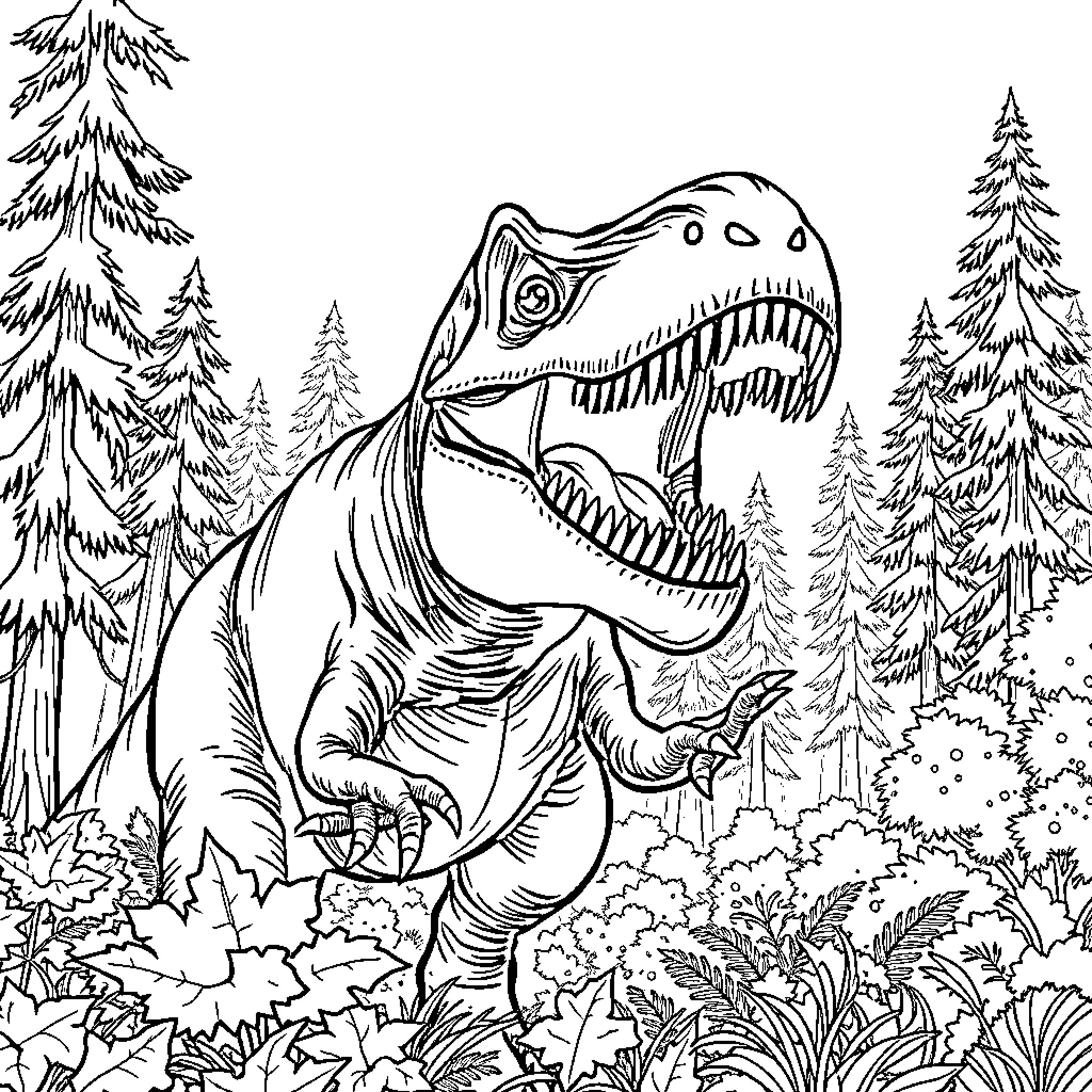 T-Rex stomping through the forest landscape Coloring Page (free black-and-white line drawing printable PDF for all, from beginners to advanced learners, including children, teens, adults, and seniors)