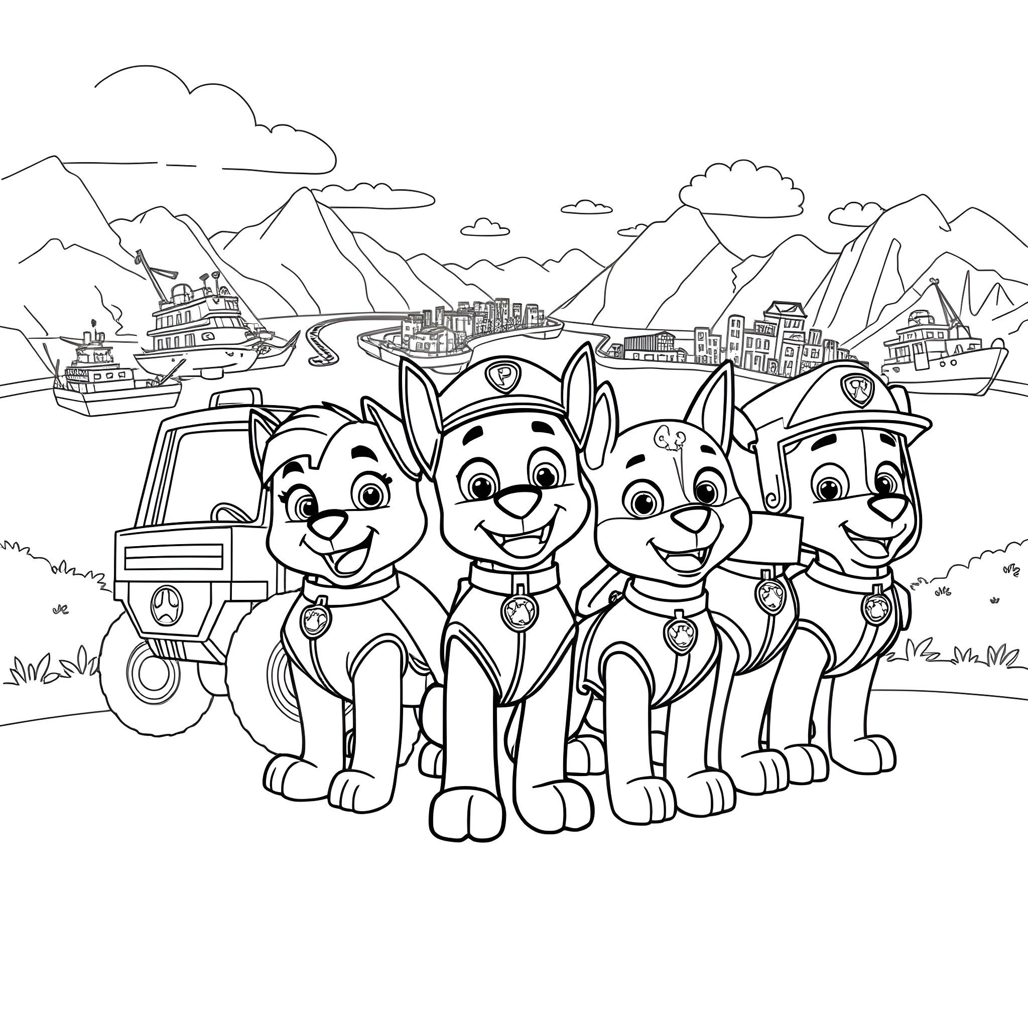 Paw Patrol team in action-packed adventure Coloring Page (free black-and-white line drawing printable PDF for all, from beginners to advanced learners, including children, teens, adults, and seniors)