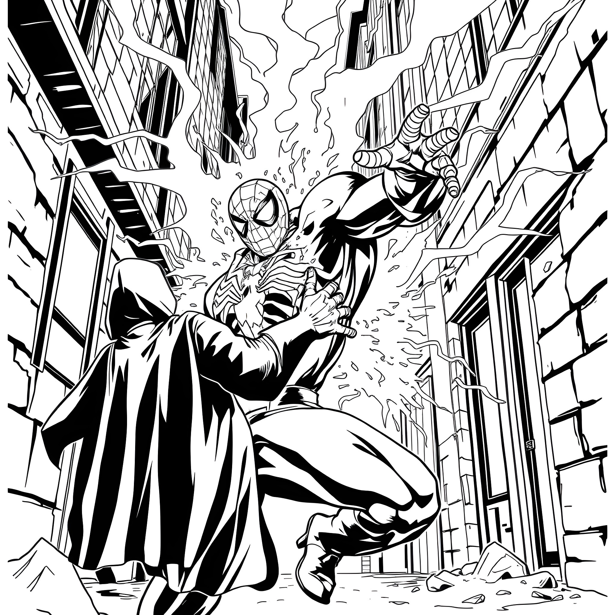 Venom and Spider-Man clash in an urban battle Coloring Page (free black-and-white line drawing printable PDF for all, from beginners to advanced learners, including children, teens, adults, and seniors)