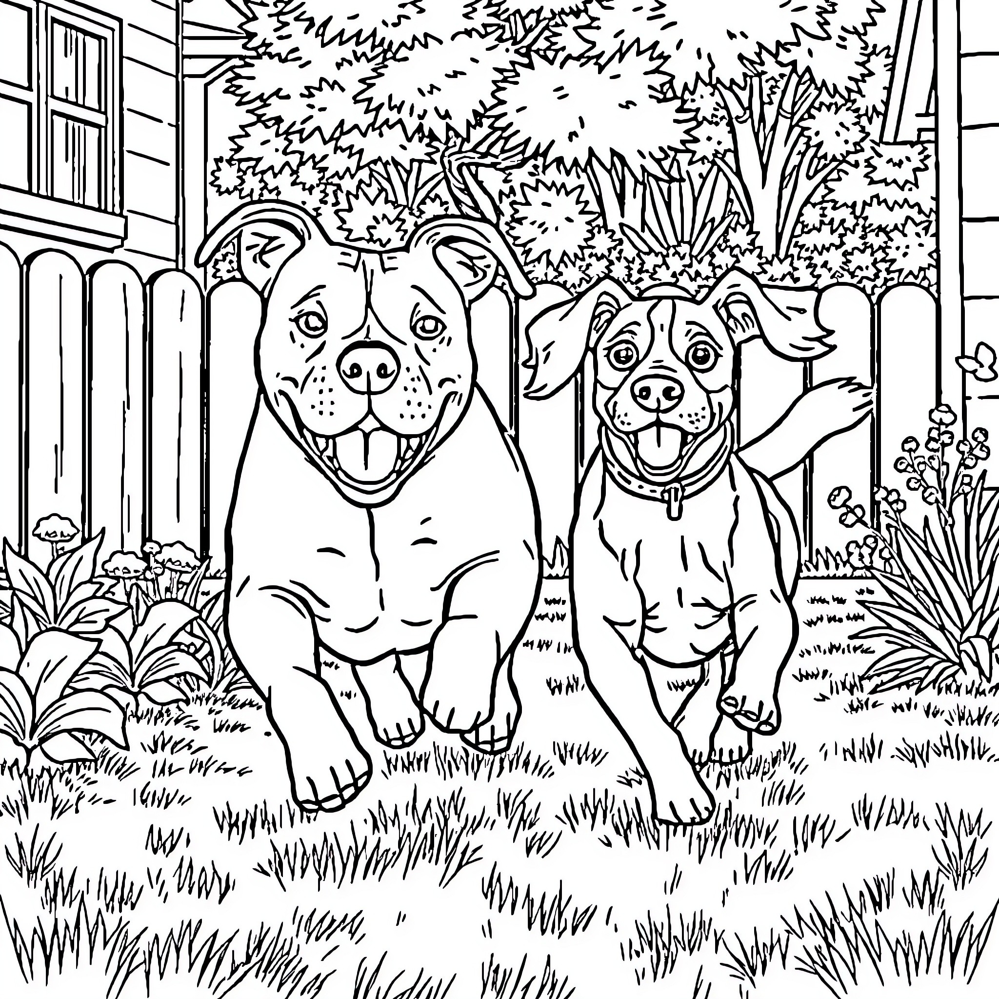 Dog Friends Enjoying the Outdoors Coloring Page (free black-and-white line drawing printable PDF for all, from beginners to advanced learners, including children, teens, adults, and seniors)
