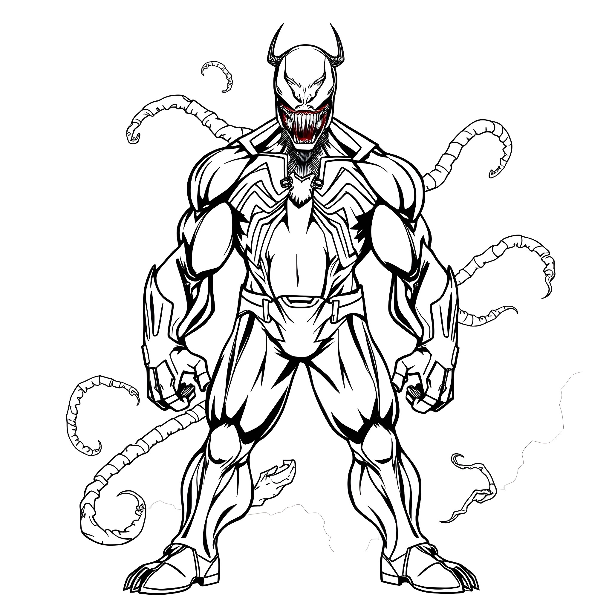 Captain Venom's Menacing Transformation Coloring Page (free black-and-white line drawing printable PDF for all, from beginners to advanced learners, including children, teens, adults, and seniors)
