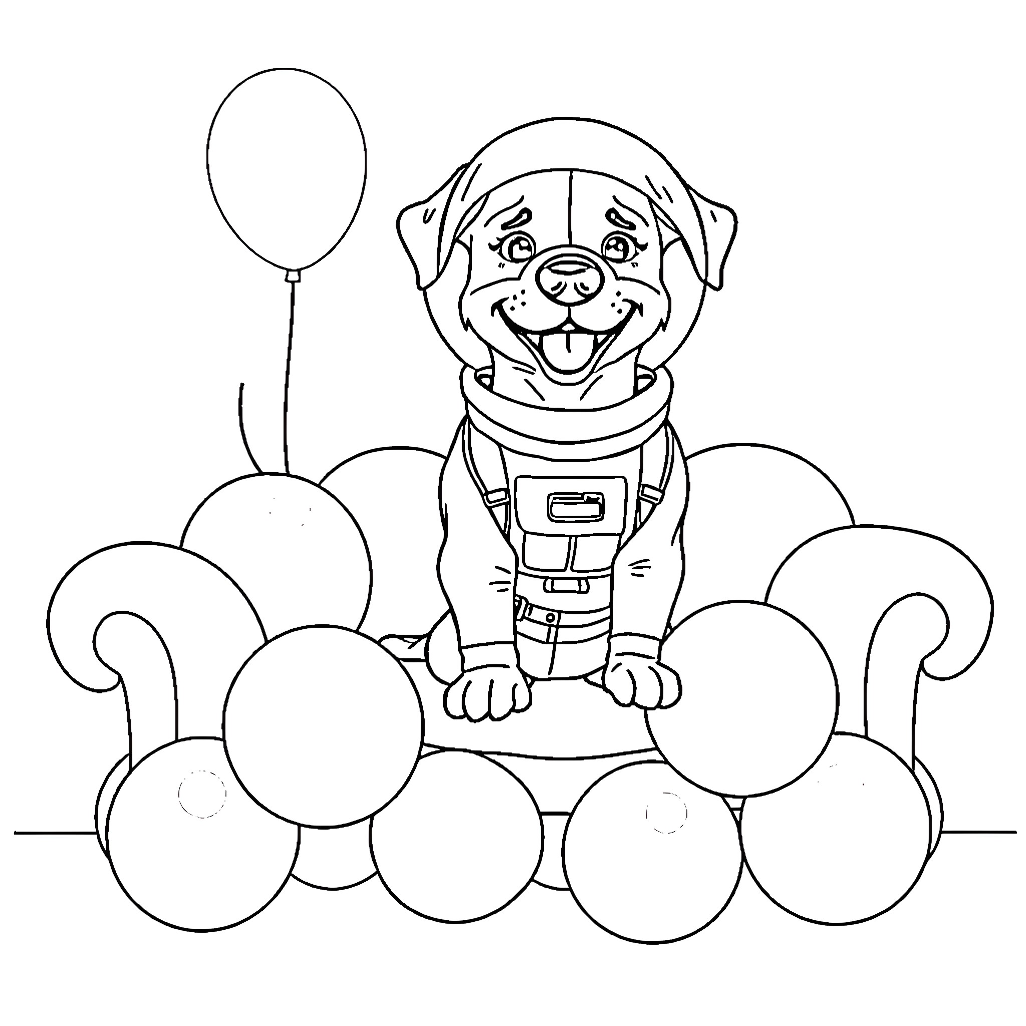Dog playing with balloons on a chair Coloring Page (free black-and-white line drawing printable PDF for all, from beginners to advanced learners, including children, teens, adults, and seniors)