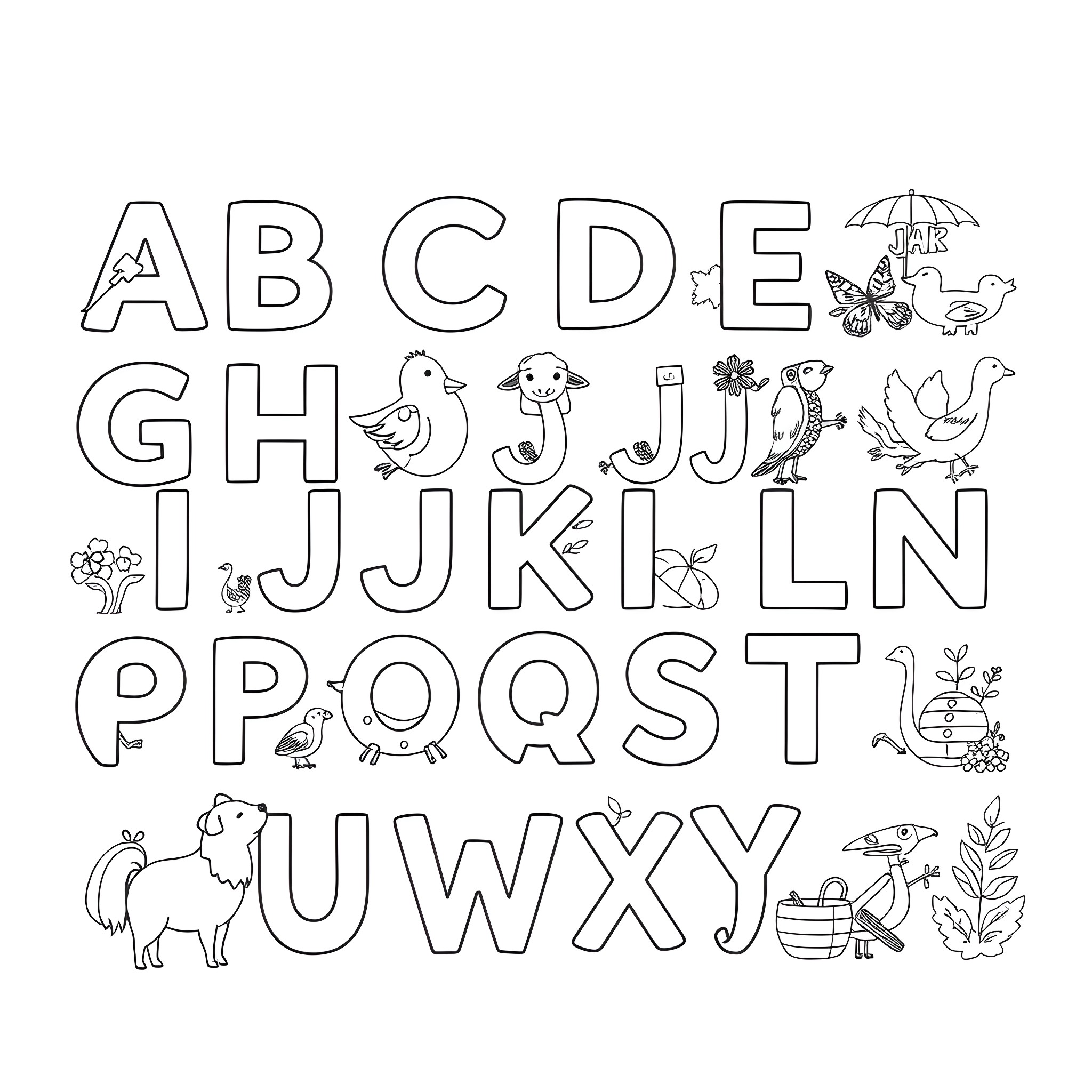 Alphabet with nature themed illustrations Coloring Page (free black-and-white line drawing printable PDF for all, from beginners to advanced learners, including children, teens, adults, and seniors)