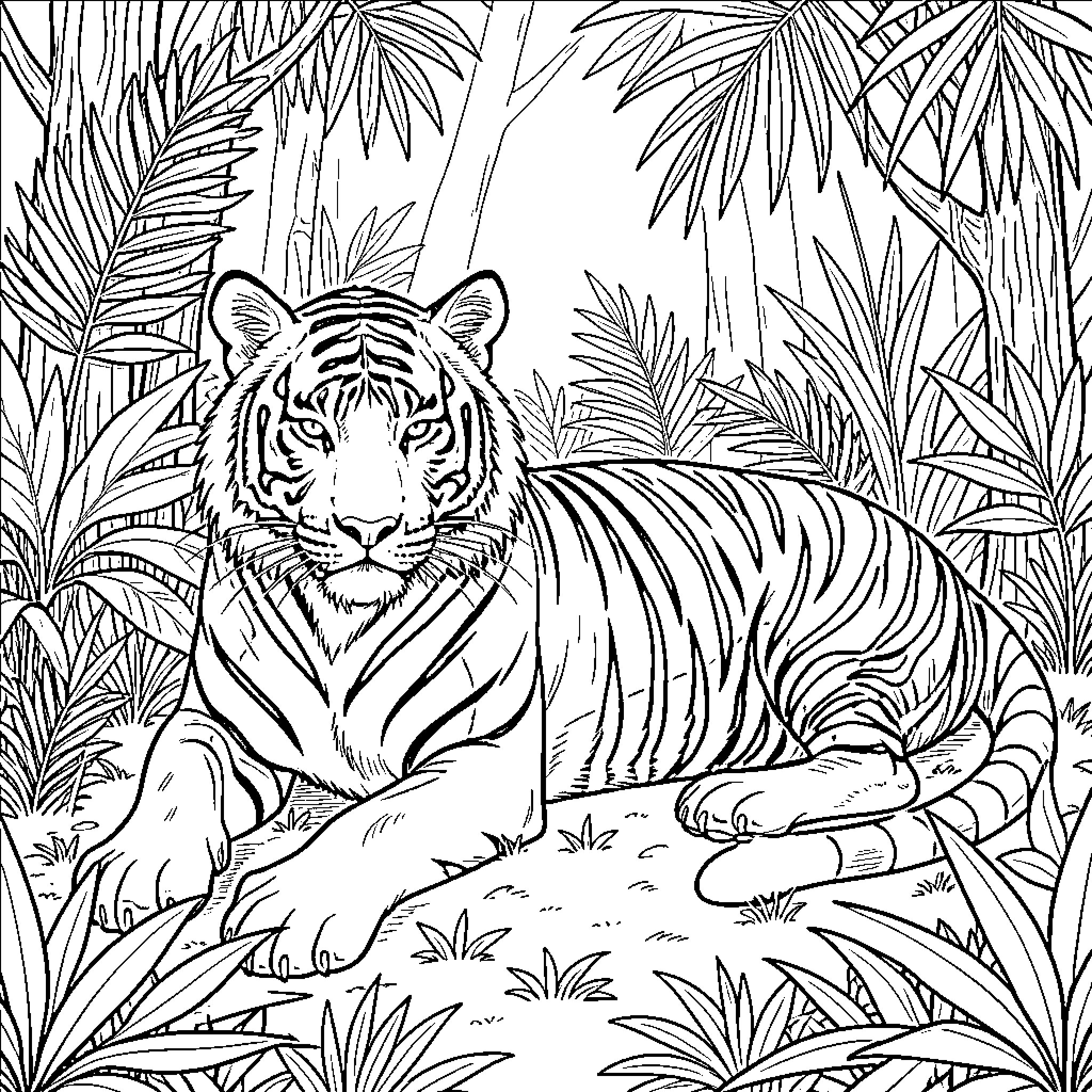 Tiger resting in lush jungle foliage Coloring Page (free black-and-white line drawing printable PDF for all, from beginners to advanced learners, including children, teens, adults, and seniors)