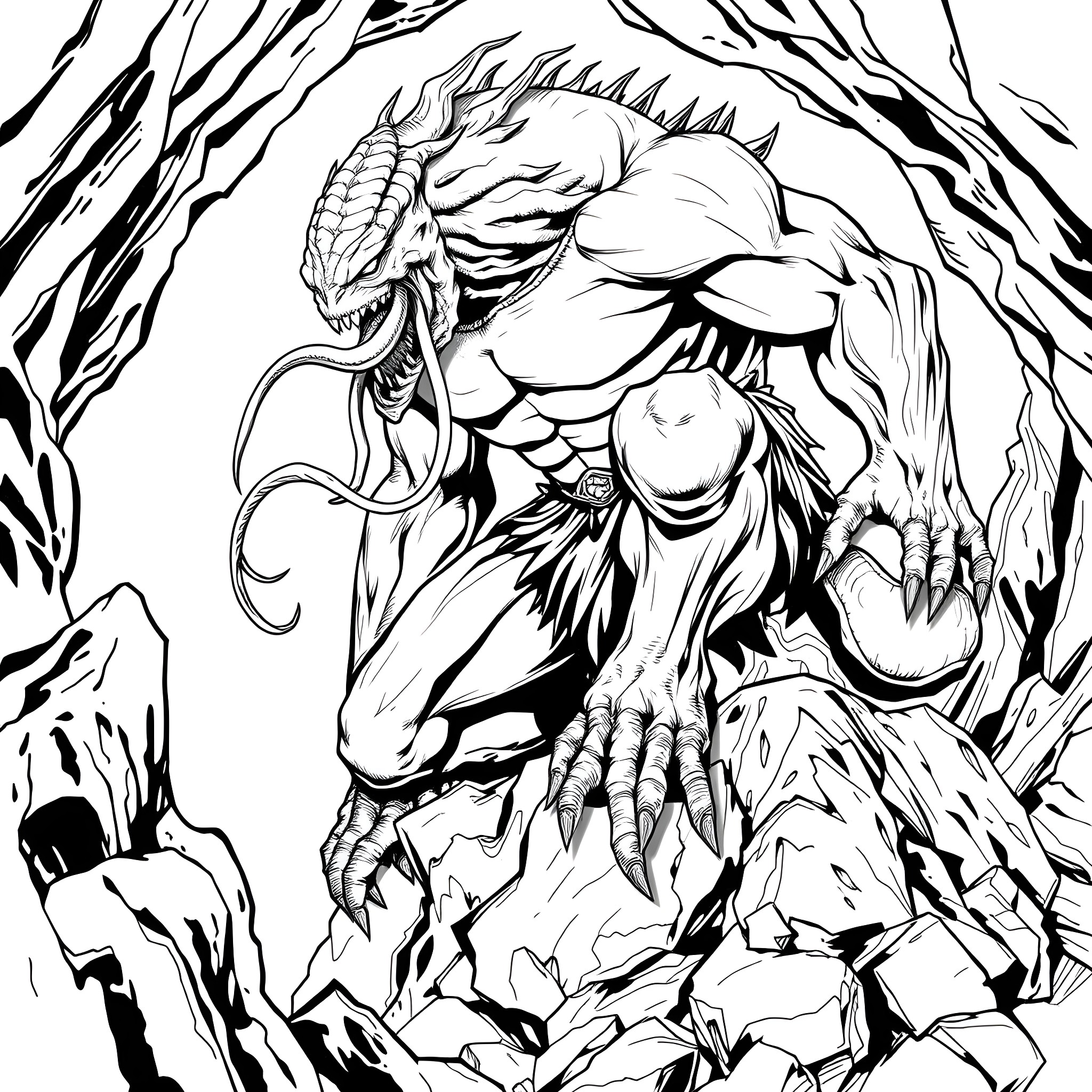 Venom - Monstrous Creature Emerging from the Darkness Coloring Page (free black-and-white line drawing printable PDF for all, from beginners to advanced learners, including children, teens, adults, and seniors)
