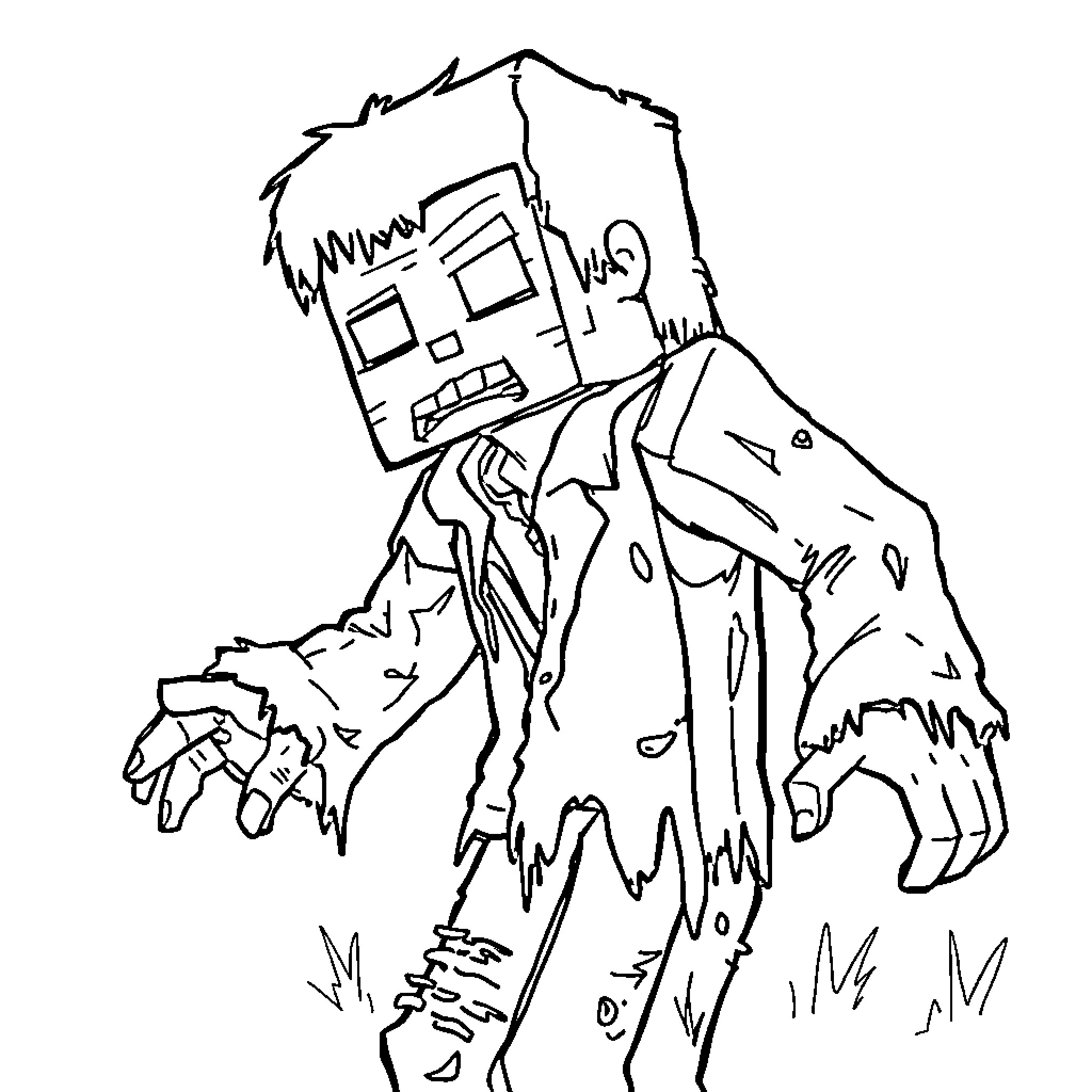 Minecraft Zombie in Tattered Attire Lurching Menacingly Coloring Page (free black-and-white line drawing printable PDF for all, from beginners to advanced learners, including children, teens, adults, and seniors)