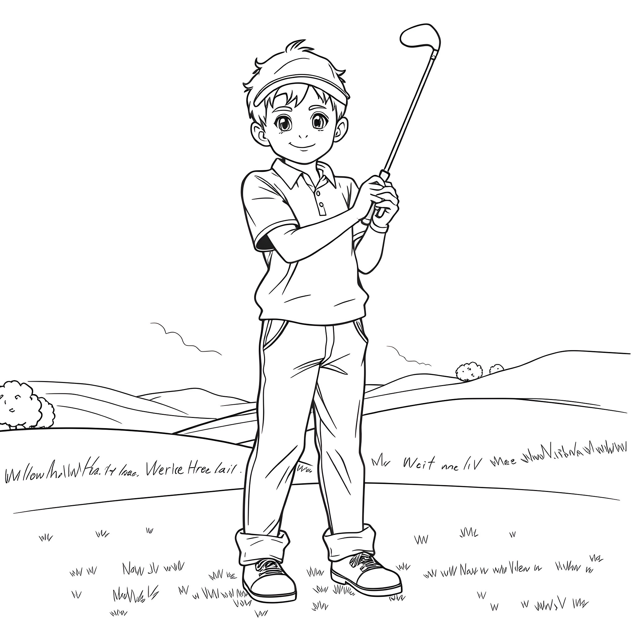 Boy playing golf in the countryside Coloring Page (free black-and-white line drawing printable PDF for all, from beginners to advanced learners, including children, teens, adults, and seniors)