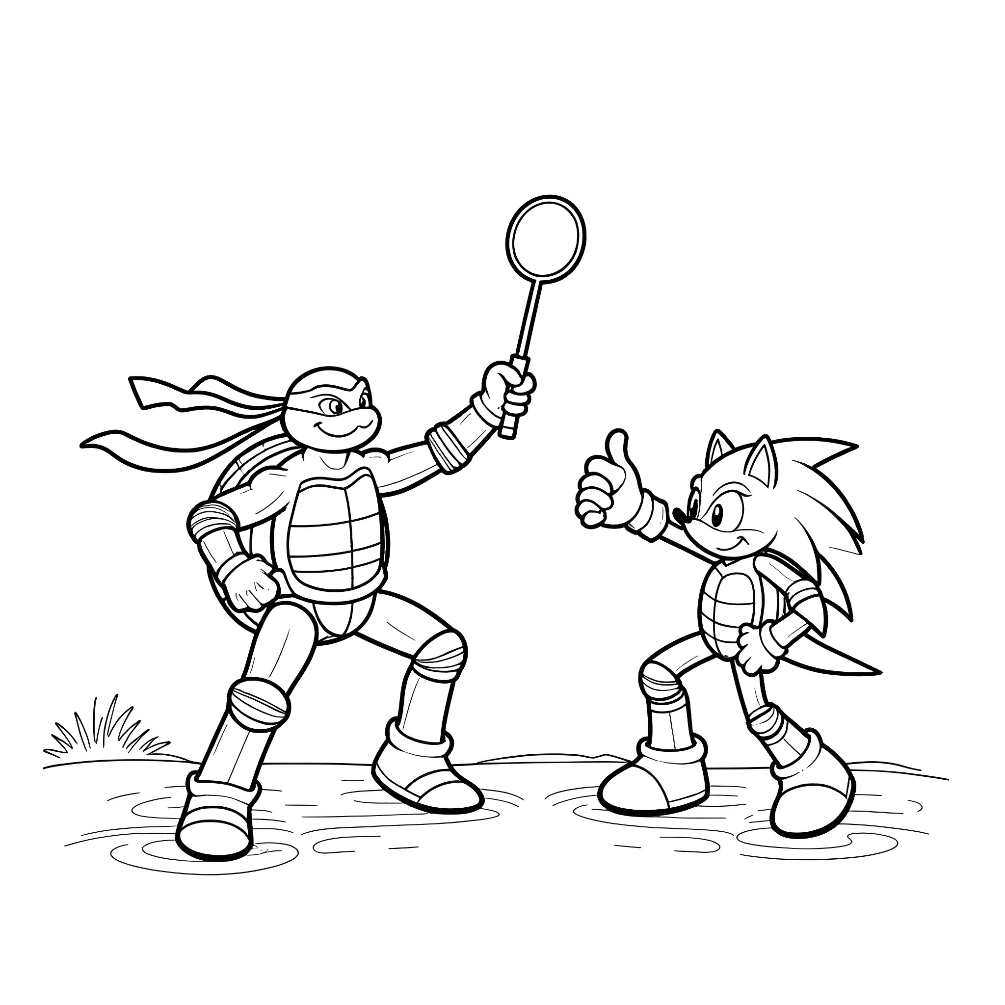 Teenage Mutant Ninja Turtles Playing Racket Sports Coloring Page (free black-and-white line drawing printable PDF for all, from beginners to advanced learners, including children, teens, adults, and seniors)