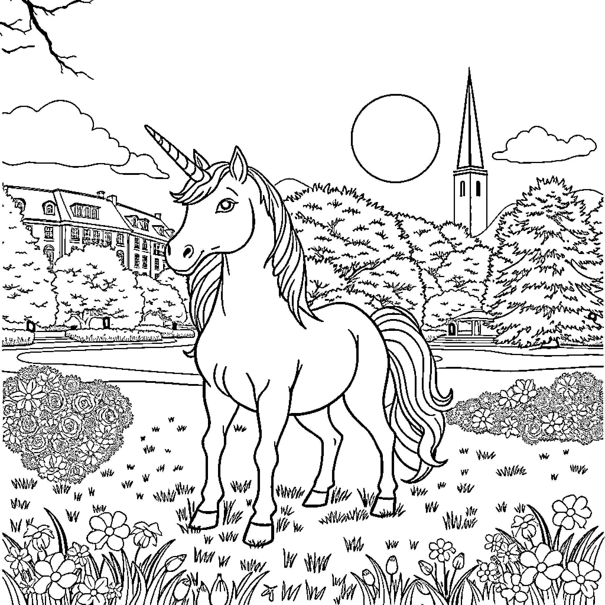 Unicorn gazing at idyllic countryside landscape Coloring Page (free black-and-white line drawing printable PDF for all, from beginners to advanced learners, including children, teens, adults, and seniors)