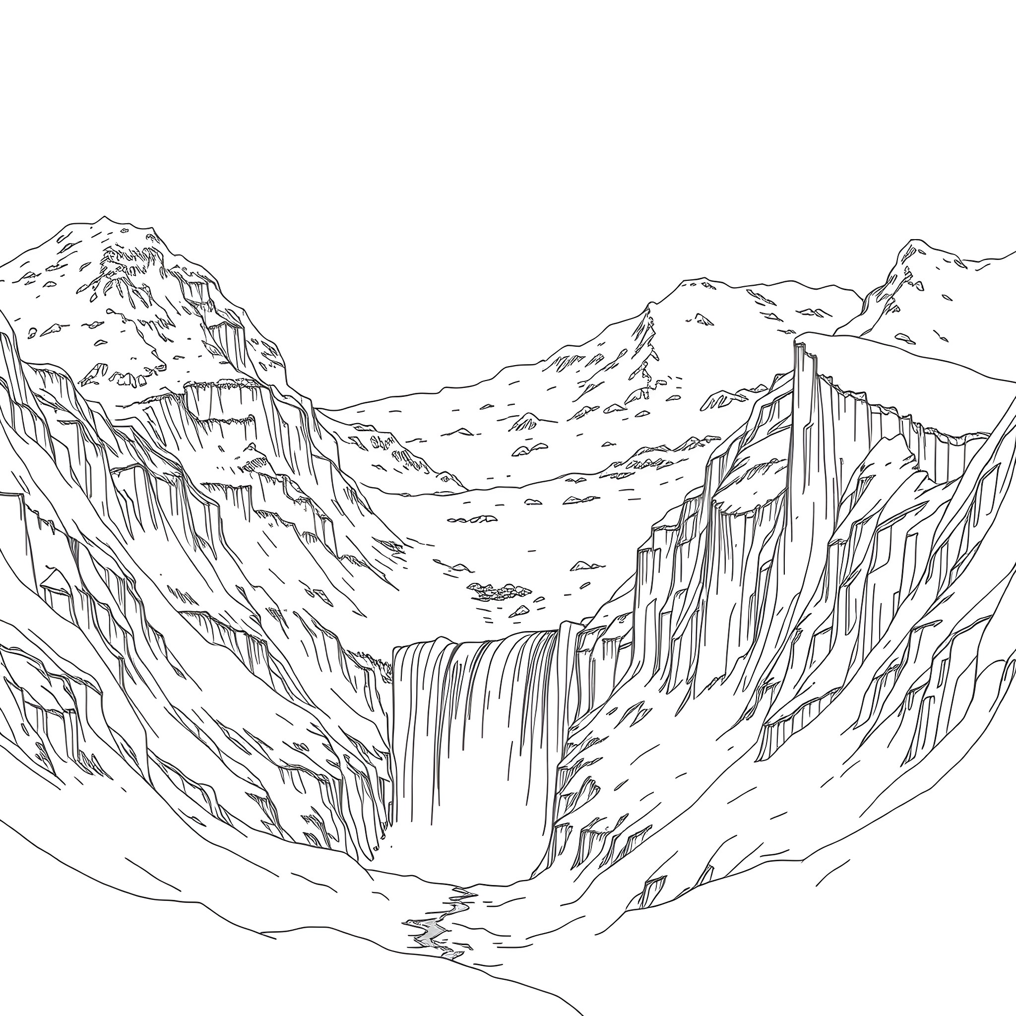 Snow-capped mountains in a rugged landscape Coloring Page (free black-and-white line drawing printable PDF for all, from beginners to advanced learners, including children, teens, adults, and seniors)