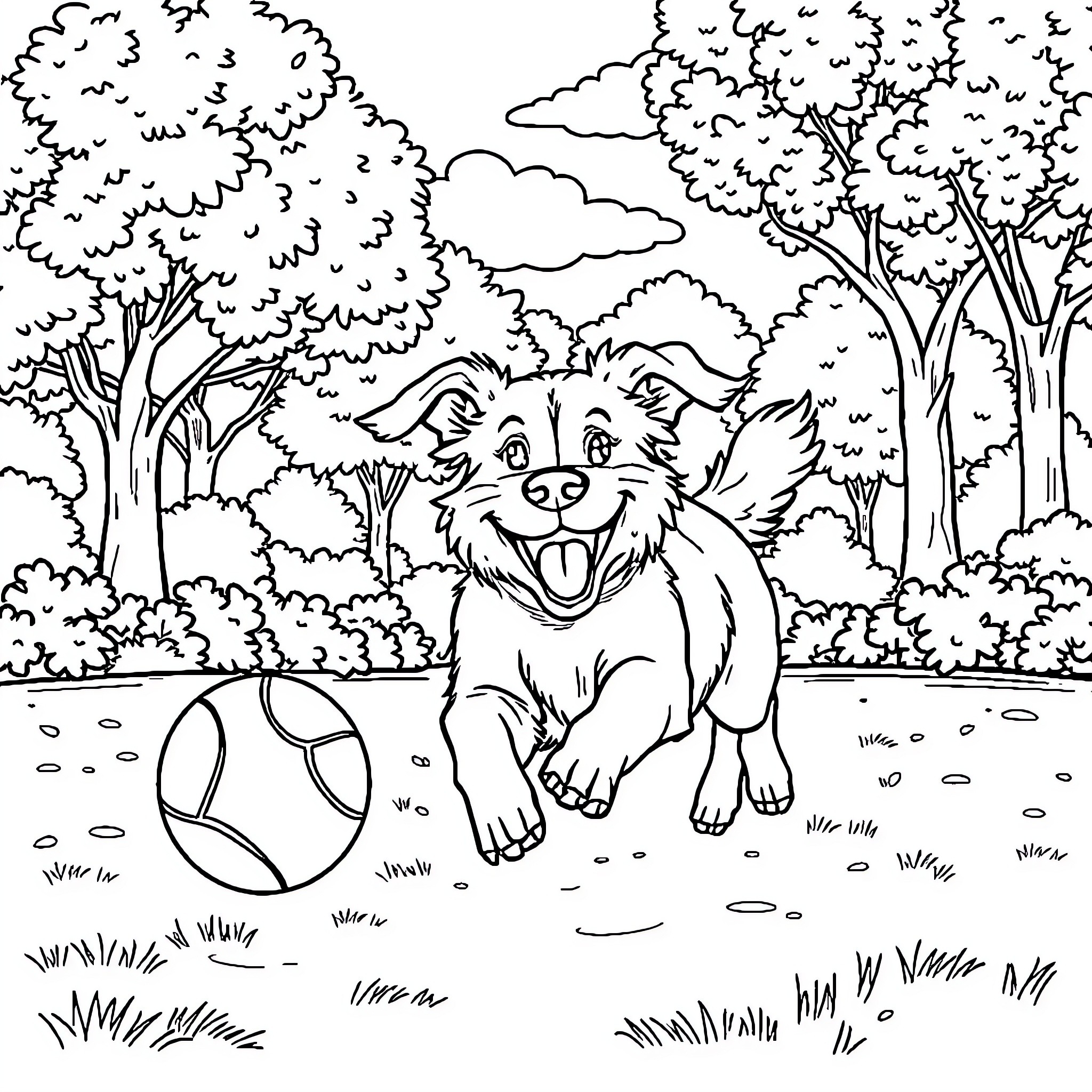 Dog playing joyfully with ball in forest Coloring Page (free black-and-white line drawing printable PDF for all, from beginners to advanced learners, including children, teens, adults, and seniors)