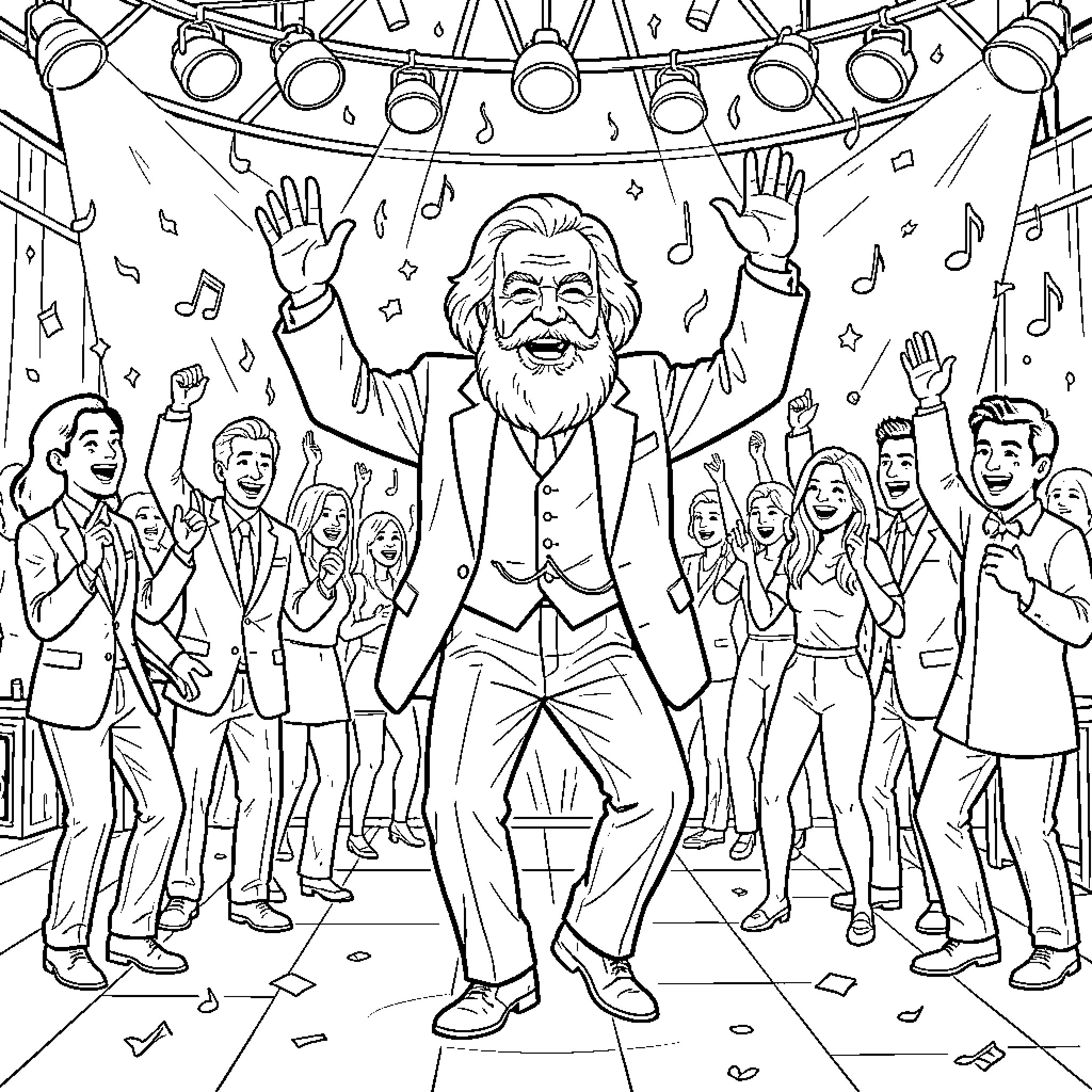 Karl Marx dancing joyfully with a crowd of people Coloring Page (free black-and-white line drawing printable PDF for all, from beginners to advanced learners, including children, teens, adults, and seniors)