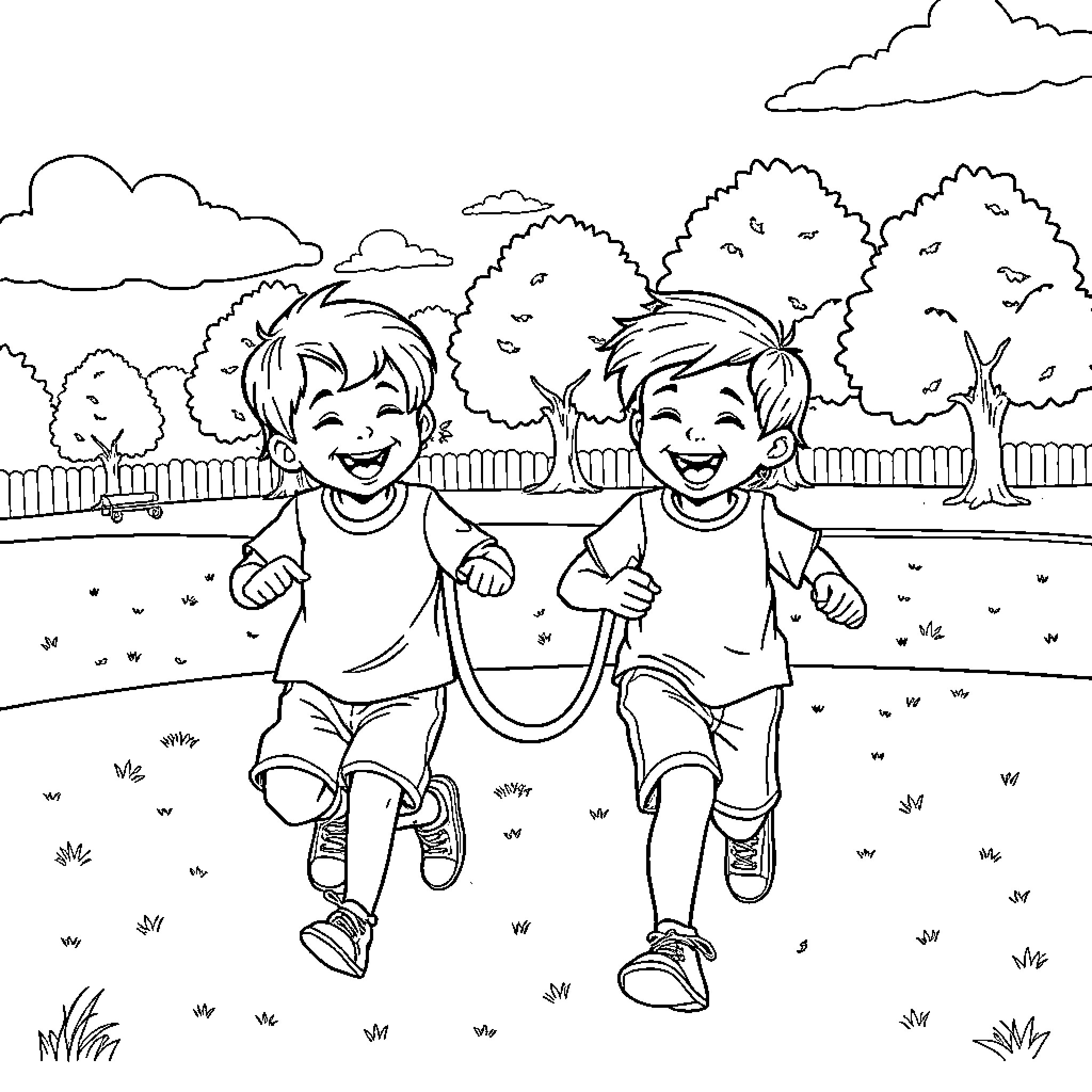 Boys running happily in the park Coloring Page (free black-and-white line drawing printable PDF for all, from beginners to advanced learners, including children, teens, adults, and seniors)