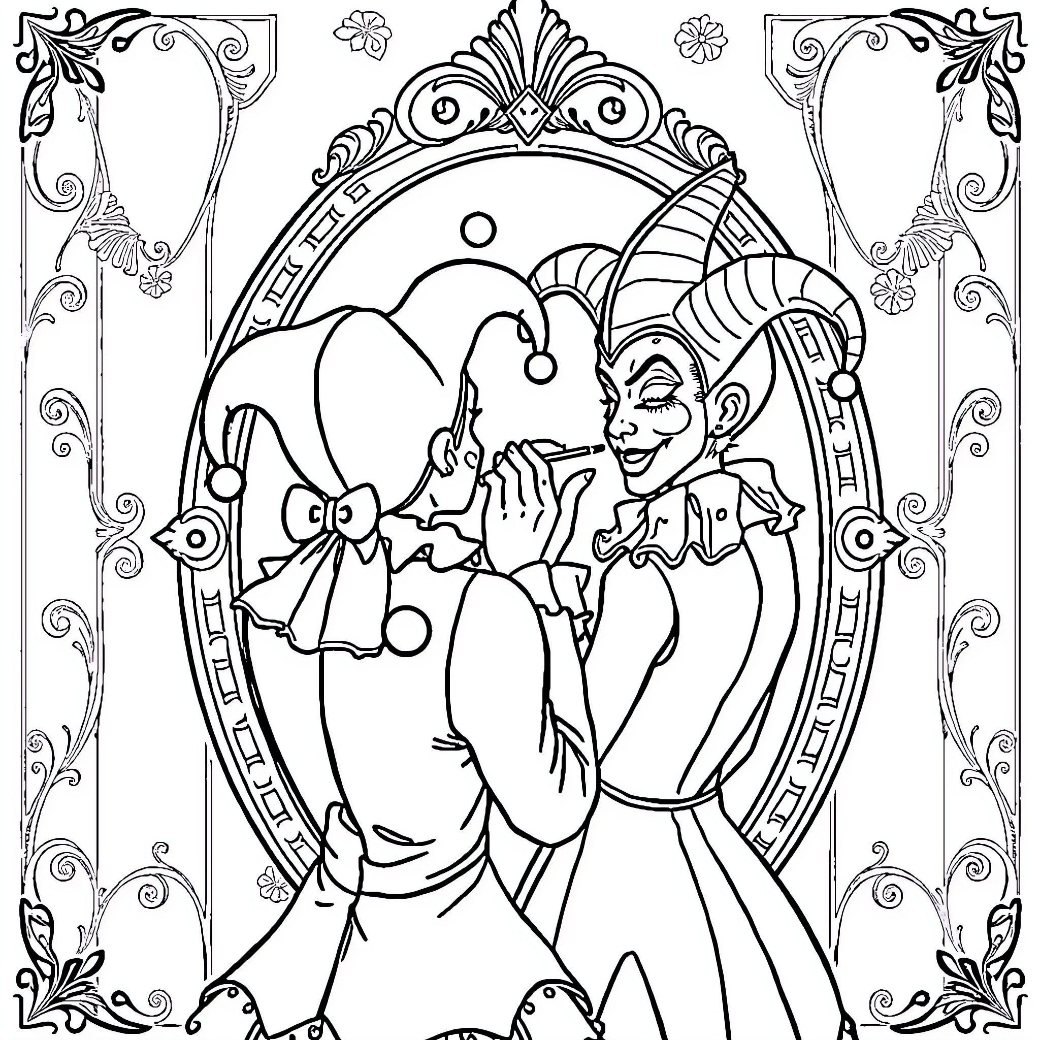 Jester Playing with Clown in Ornate Frame Coloring Page (free black-and-white line drawing printable PDF for all, from beginners to advanced learners, including children, teens, adults, and seniors)