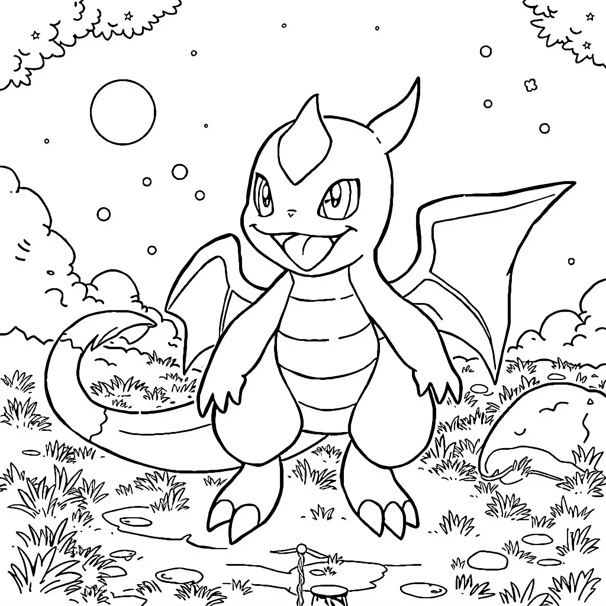 Pokémon creature joyfully exploring nature Coloring Page (free black-and-white line drawing printable PDF for all, from beginners to advanced learners, including children, teens, adults, and seniors)