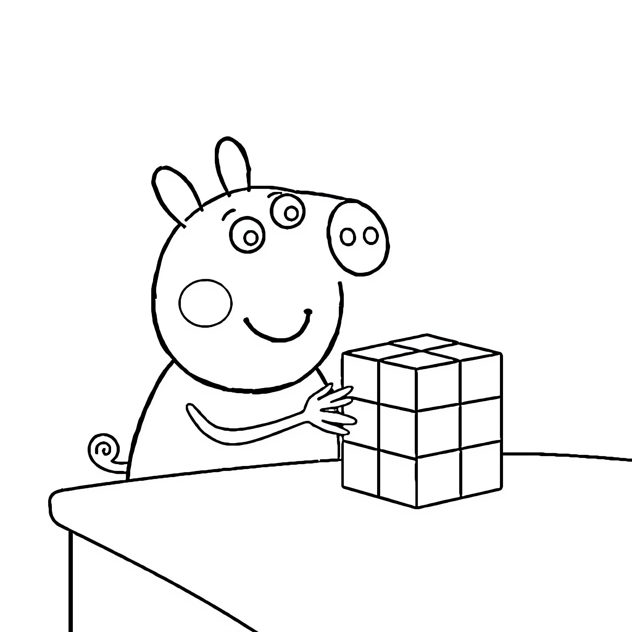 Peppa Pig playing with a puzzle cube Coloring Page (free black-and-white line drawing printable PDF for all, from beginners to advanced learners, including children, teens, adults, and seniors)