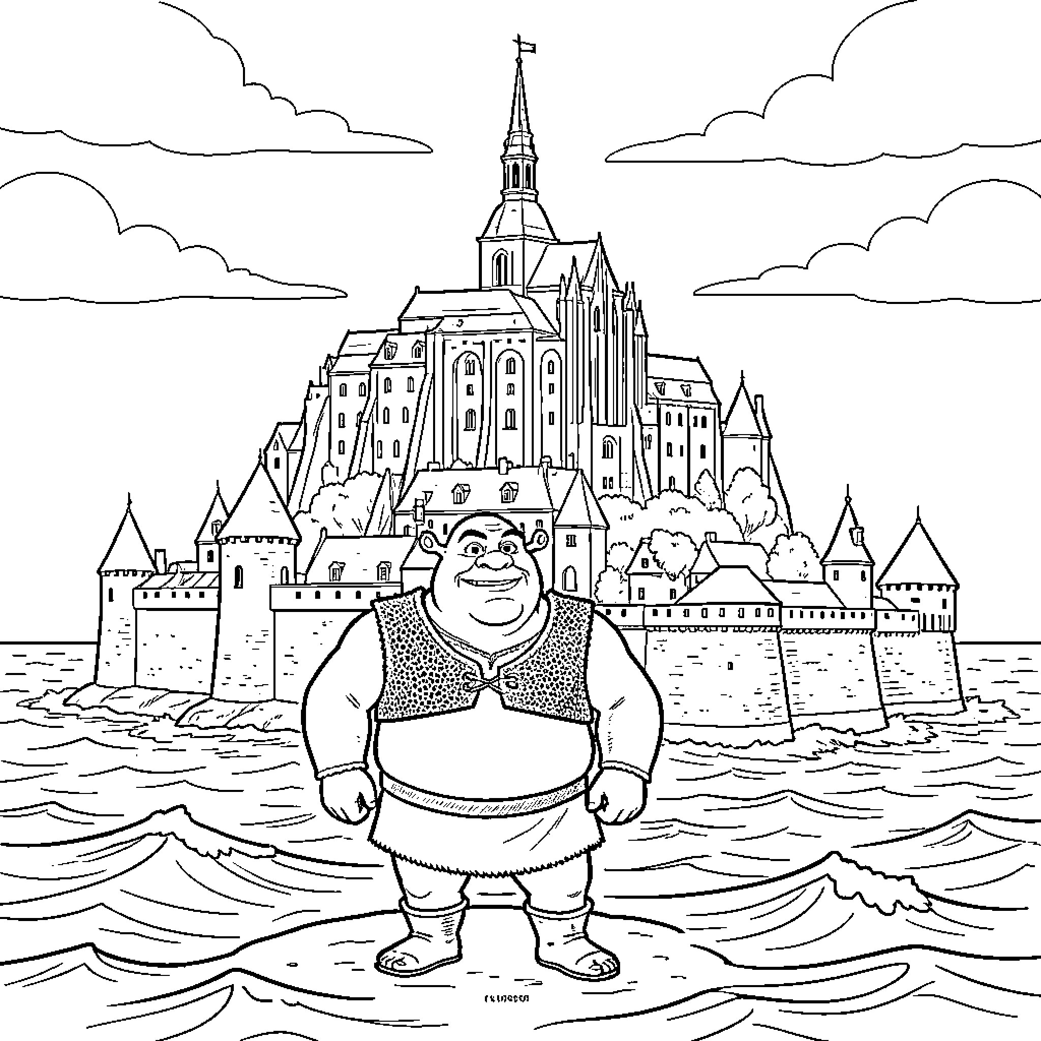 Shrek standing proudly in front of a large castle Coloring Page (free black-and-white line drawing printable PDF for all, from beginners to advanced learners, including children, teens, adults, and seniors)