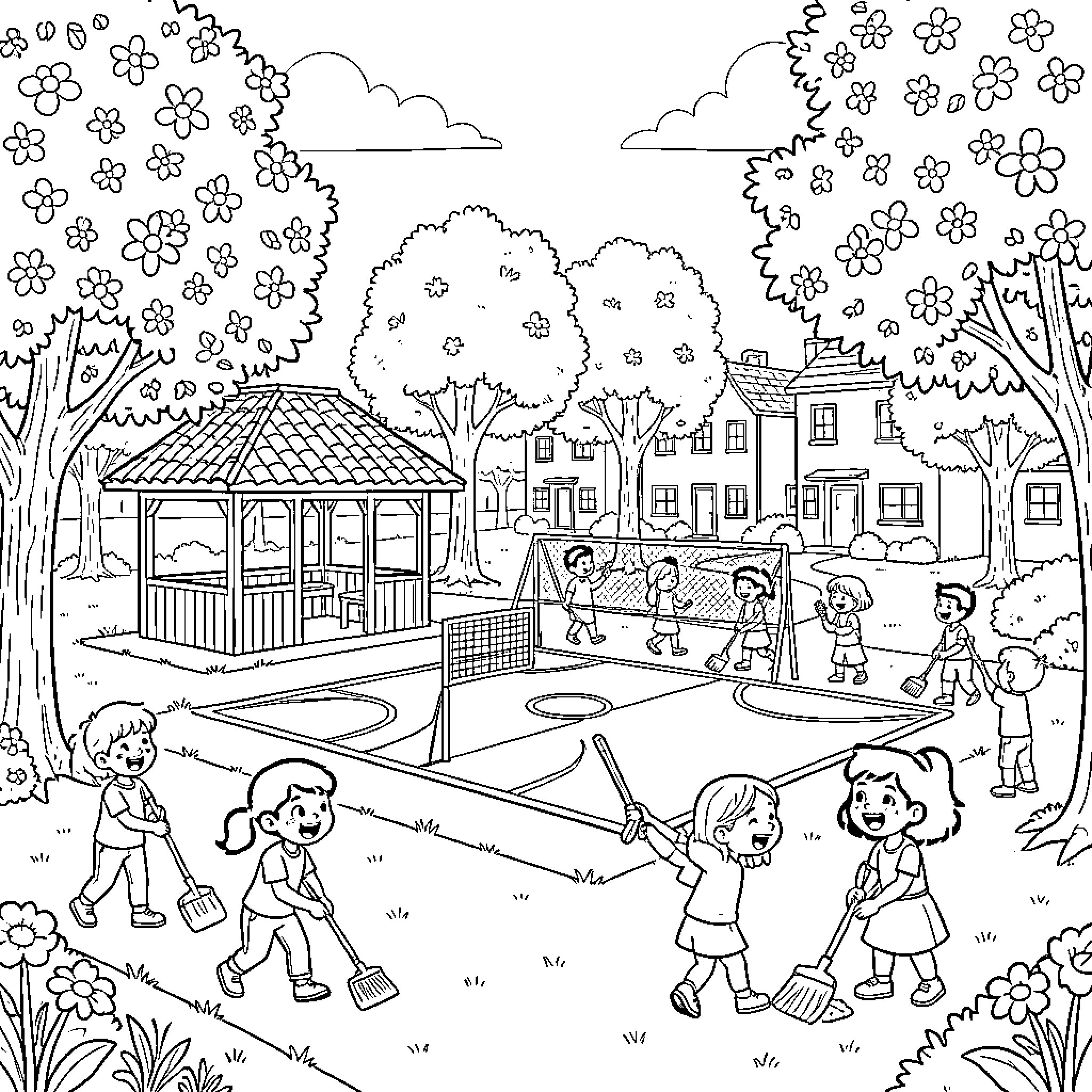 Niños jugando alegremente en el patio de la escuela Coloring Page (free black-and-white line drawing printable PDF for all, from beginners to advanced learners, including children, teens, adults, and seniors)