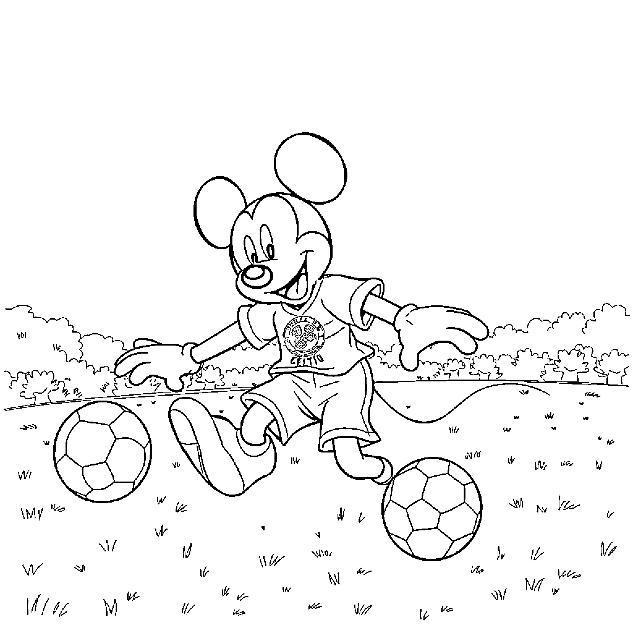 Mickey playing with soccer balls on the field Coloring Page (free black-and-white line drawing printable PDF for all, from beginners to advanced learners, including children, teens, adults, and seniors)