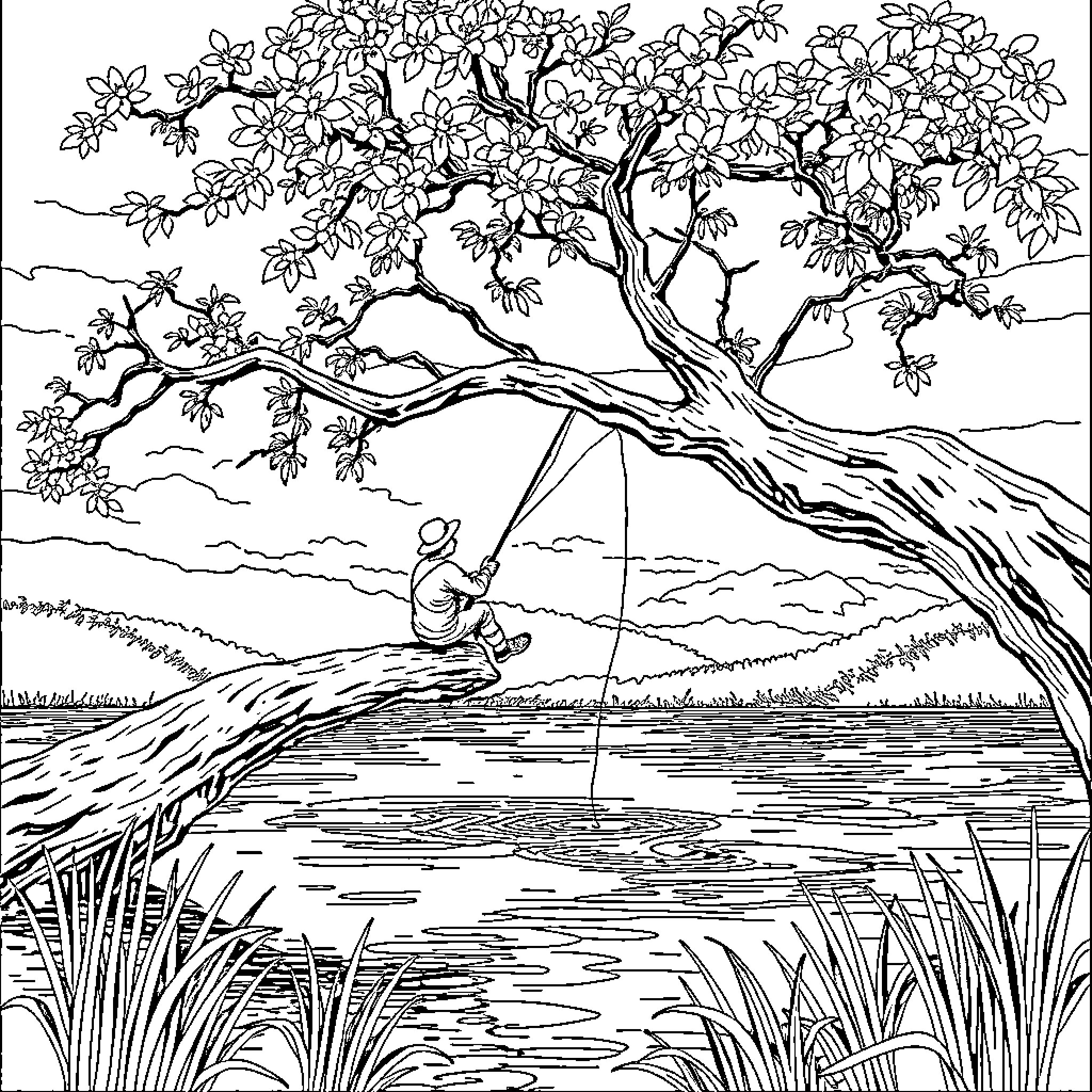 Tree with a person fishing in a peaceful pond Coloring Page (free black-and-white line drawing printable PDF for all, from beginners to advanced learners, including children, teens, adults, and seniors)