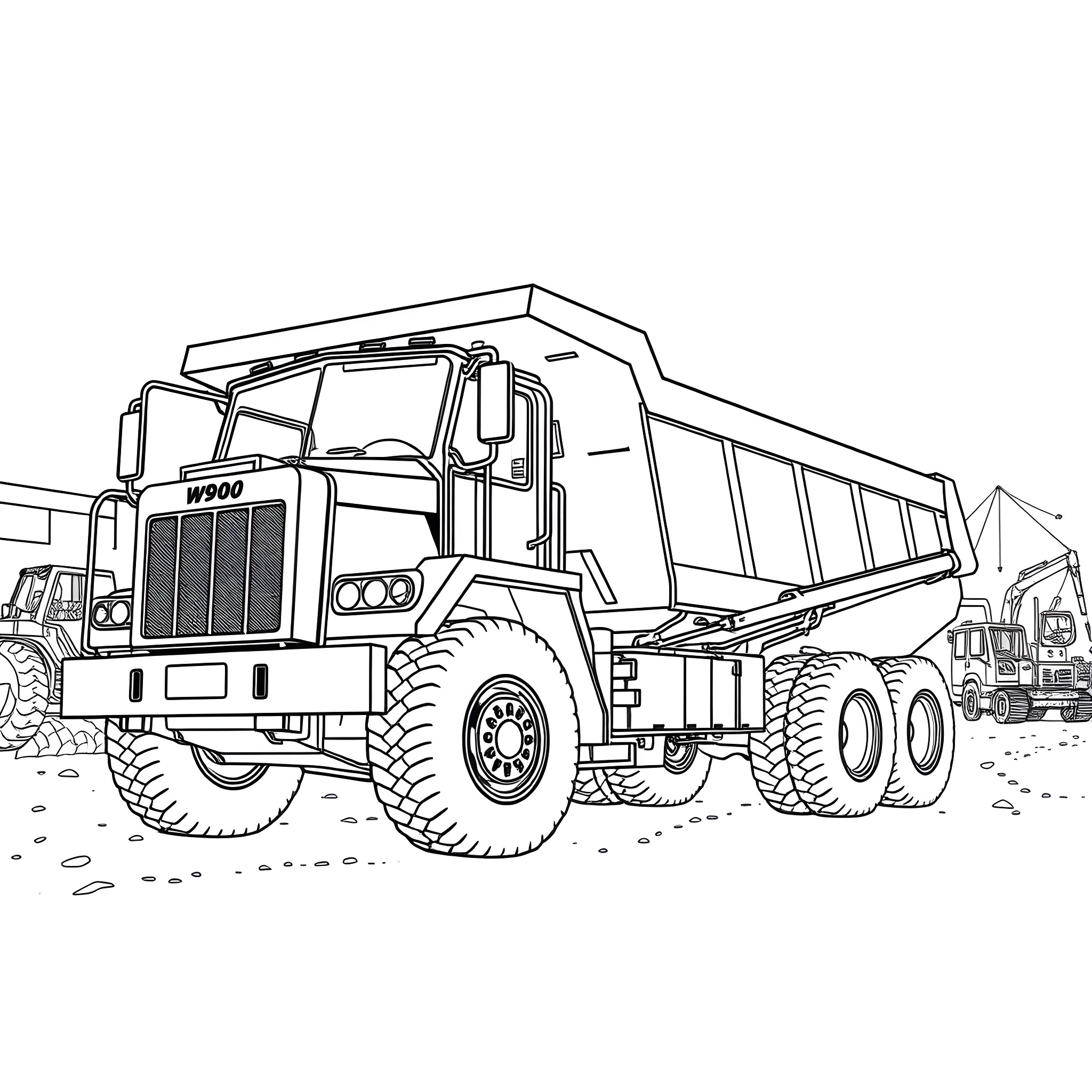 Dump Truck Hauling Construction Materials on Site Coloring Page (free black-and-white line drawing printable PDF for all, from beginners to advanced learners, including children, teens, adults, and seniors)