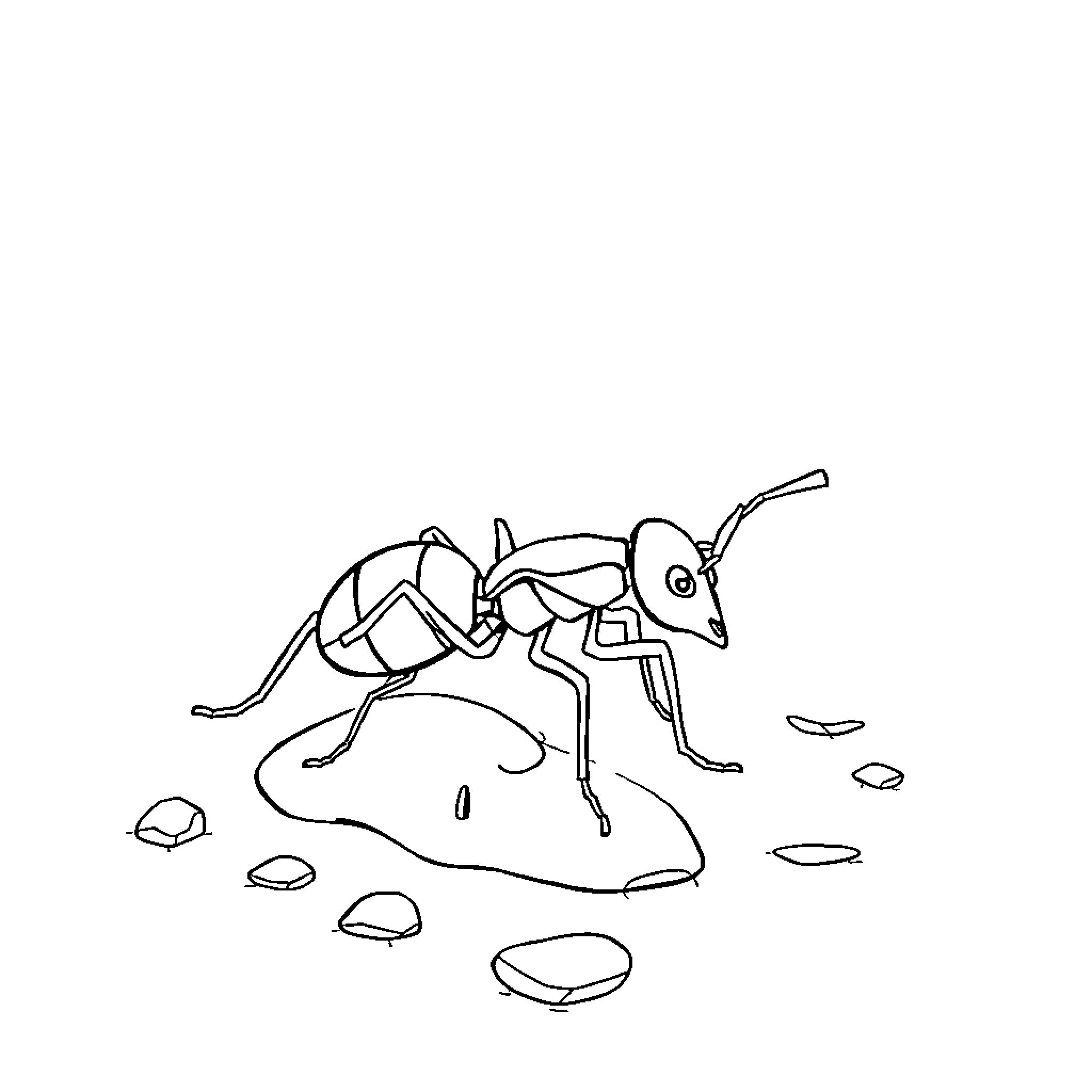 Ant exploring the rocky terrain Coloring Page (free black-and-white line drawing printable PDF for all, from beginners to advanced learners, including children, teens, adults, and seniors)