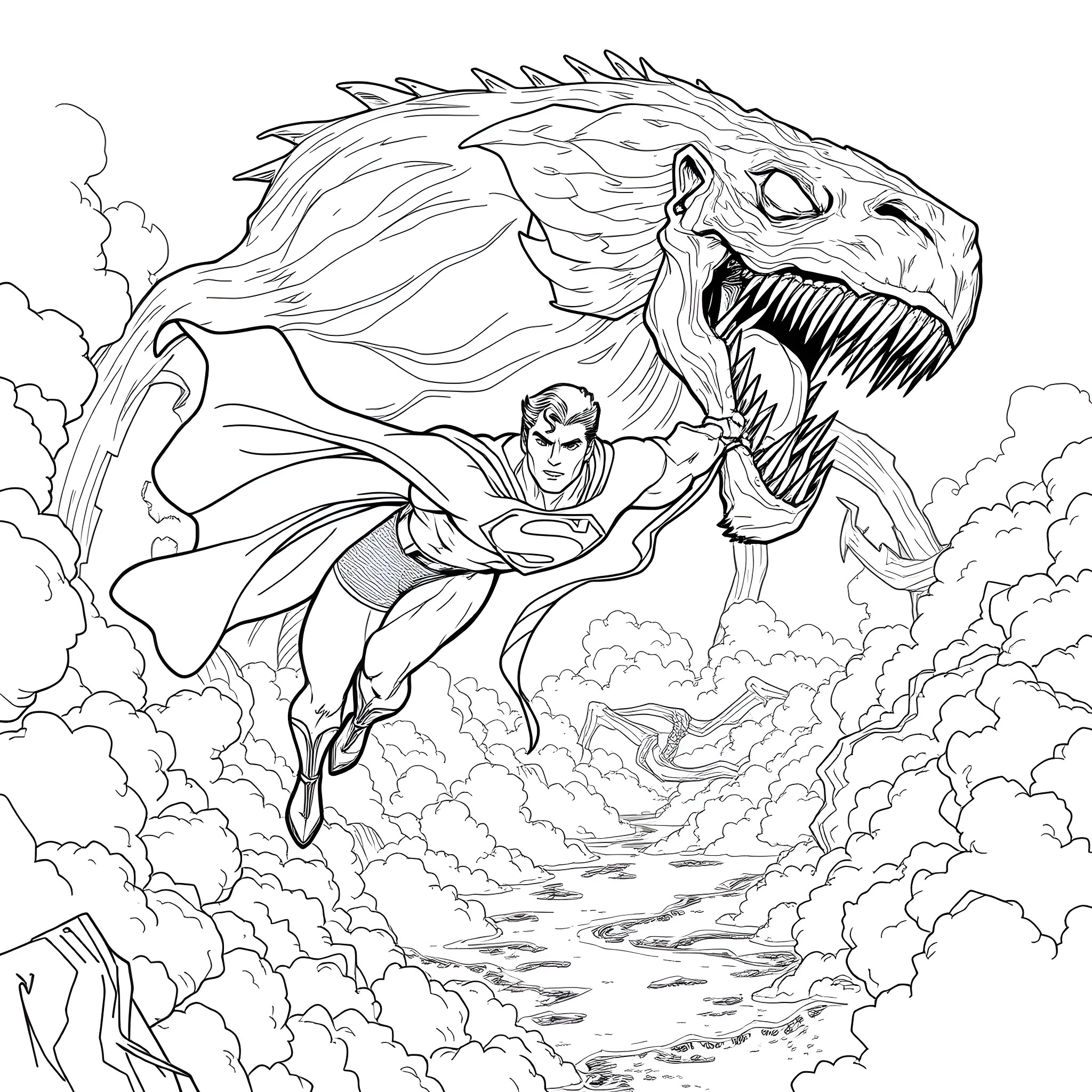 Superman battles a giant prehistoric monster Coloring Page (free black-and-white line drawing printable PDF for all, from beginners to advanced learners, including children, teens, adults, and seniors)