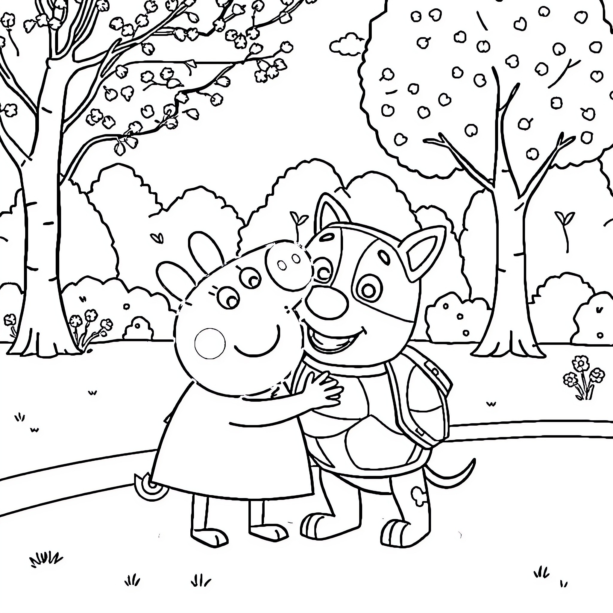 Peppa Pig and friends enjoying an outdoor adventure Coloring Page (free black-and-white line drawing printable PDF for all, from beginners to advanced learners, including children, teens, adults, and seniors)