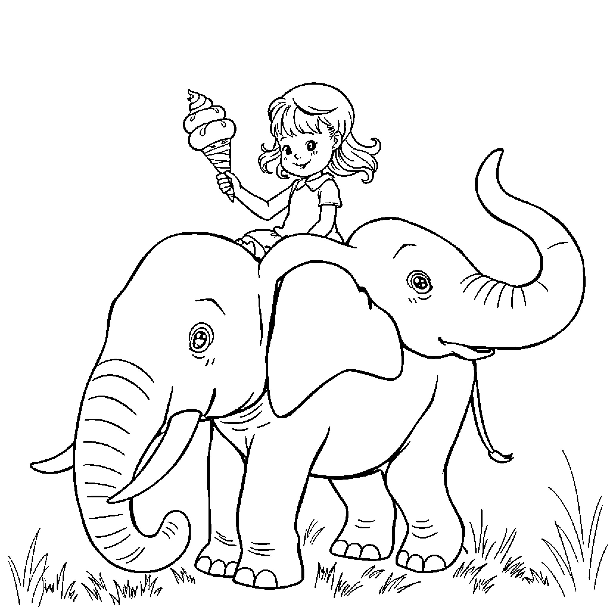 Girl riding a joyful elephant with ice cream Coloring Page (free black-and-white line drawing printable PDF for all, from beginners to advanced learners, including children, teens, adults, and seniors)