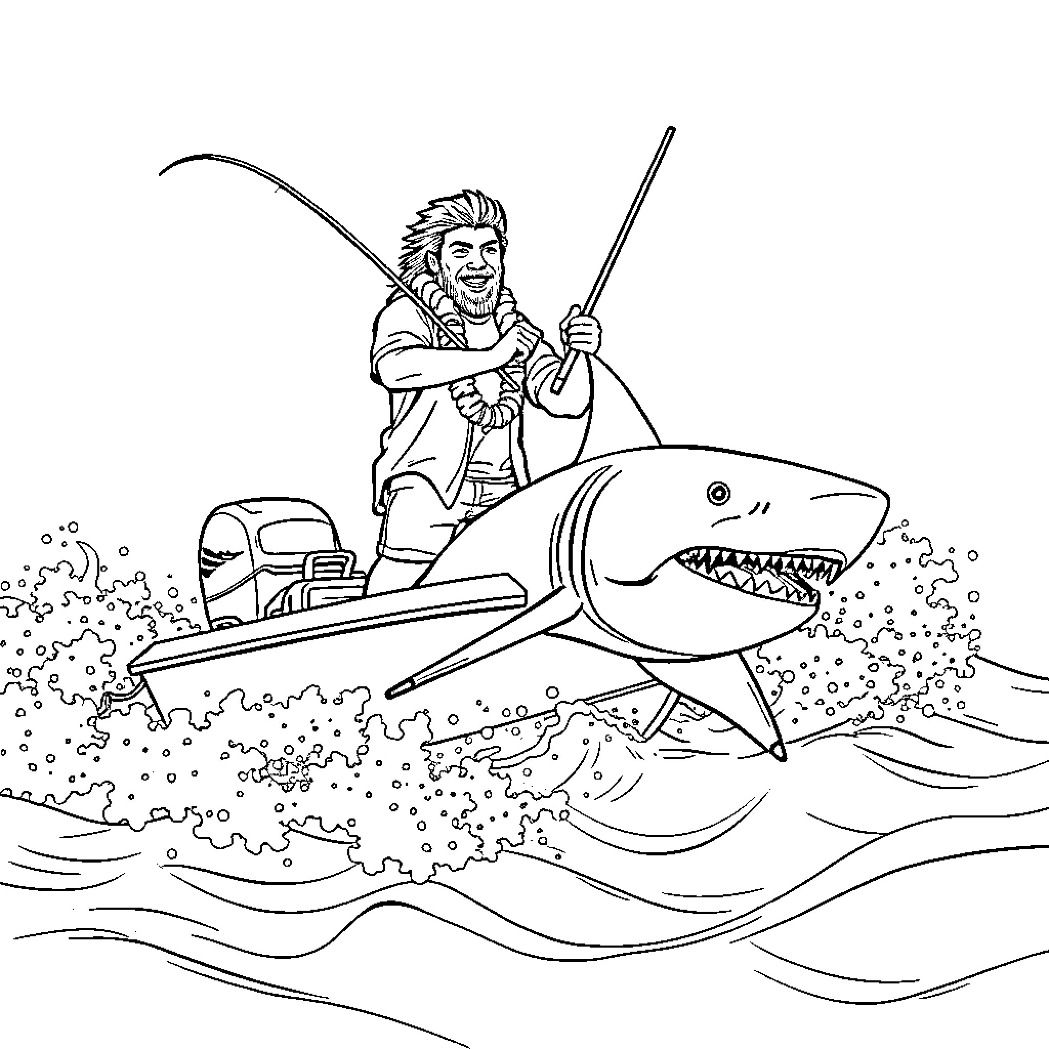 Maui fishing with a giant shark Coloring Page (free black-and-white line drawing printable PDF for all, from beginners to advanced learners, including children, teens, adults, and seniors)