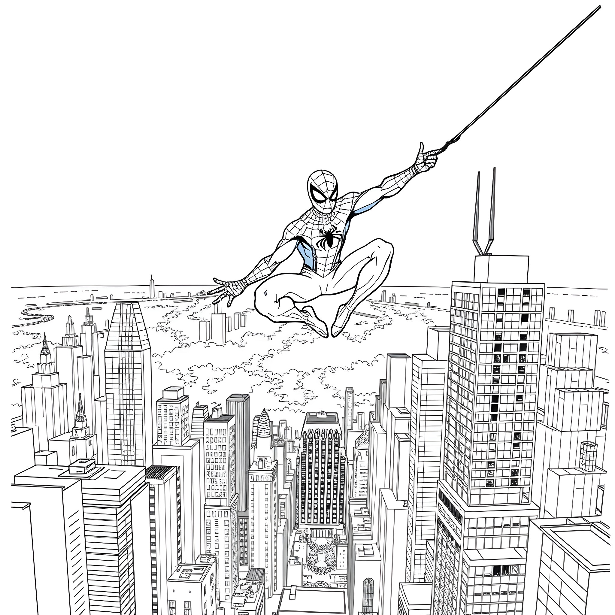 Spiderman swinging above the city skyline Coloring Page (free black-and-white line drawing printable PDF for all, from beginners to advanced learners, including children, teens, adults, and seniors)