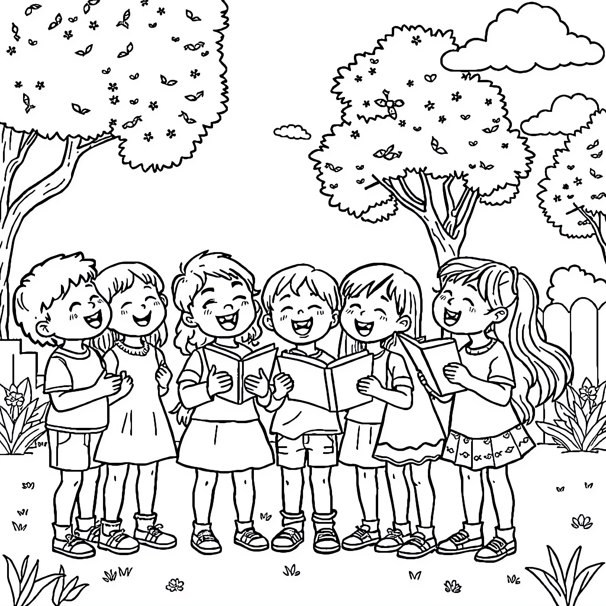 Child friends reading together in nature Coloring Page (free black-and-white line drawing printable PDF for all, from beginners to advanced learners, including children, teens, adults, and seniors)