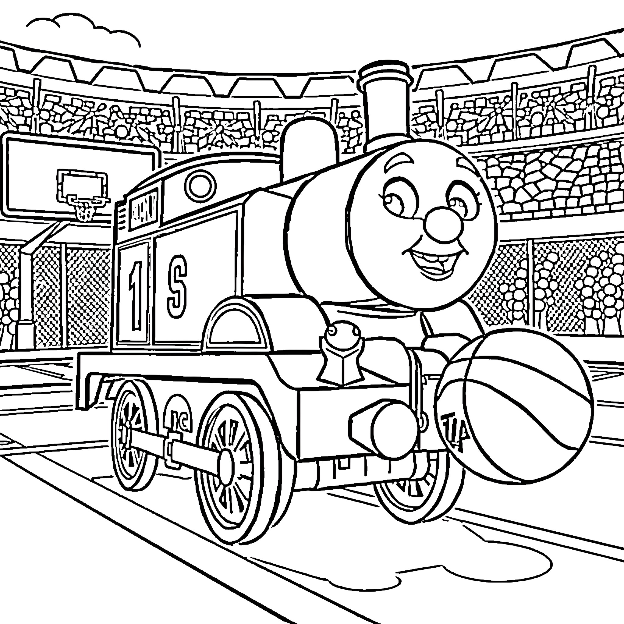 Thomas the Tank Engine Racing on the Tracks Coloring Page (free black-and-white line drawing printable PDF for all, from beginners to advanced learners, including children, teens, adults, and seniors)